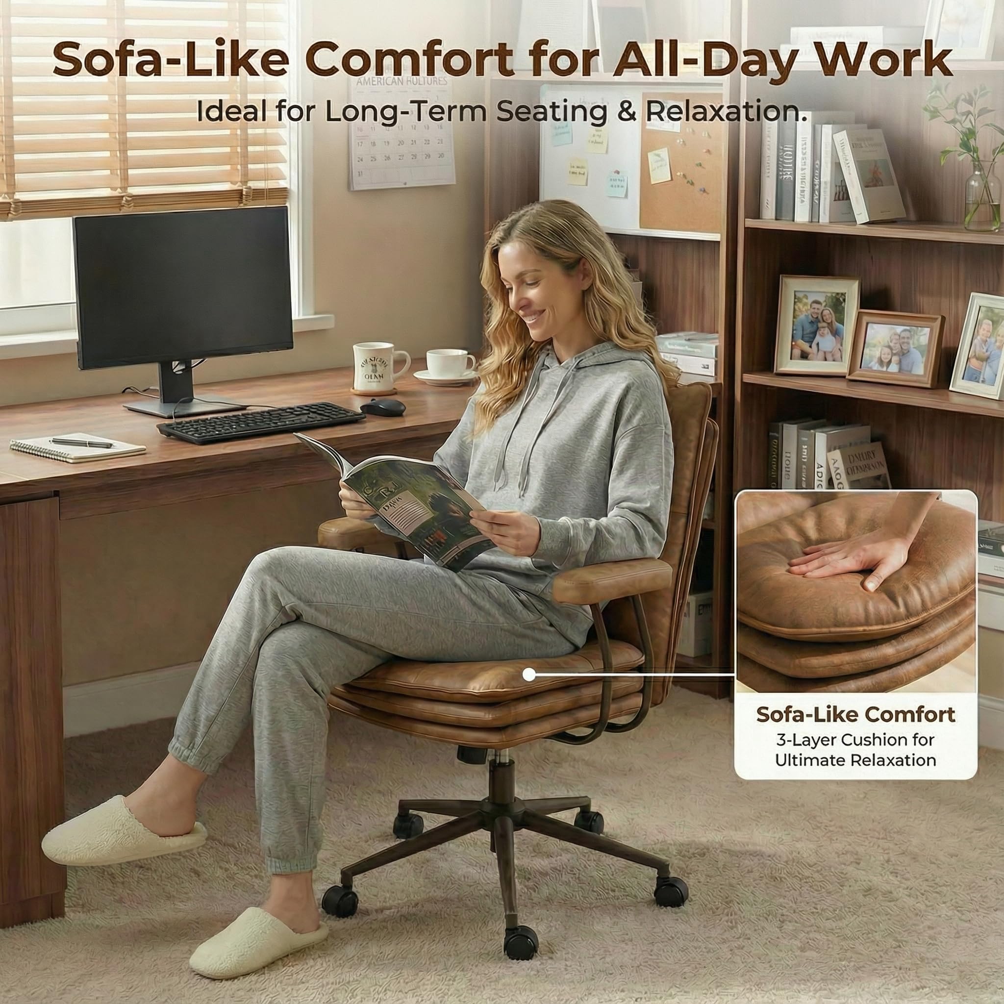 Mid-Back Leather Office Chair with Triple-Layer Seat