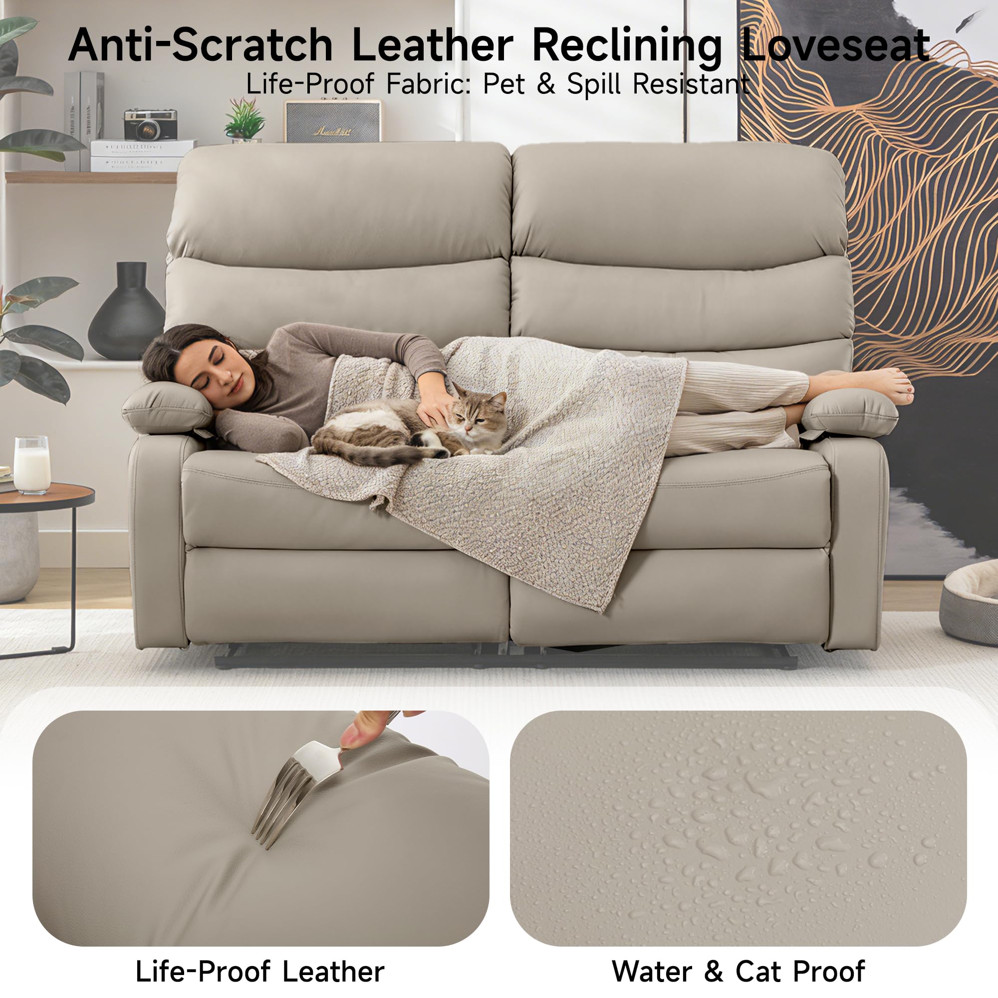 GNMLP2020 Reclining Loveseat Sofa, Anti-Scratch Leather Manual Loveseat Recliner with Side Pocket, Wall Hugger Loveseat Recliner for Living Room, RV, Home Theater(Beige)