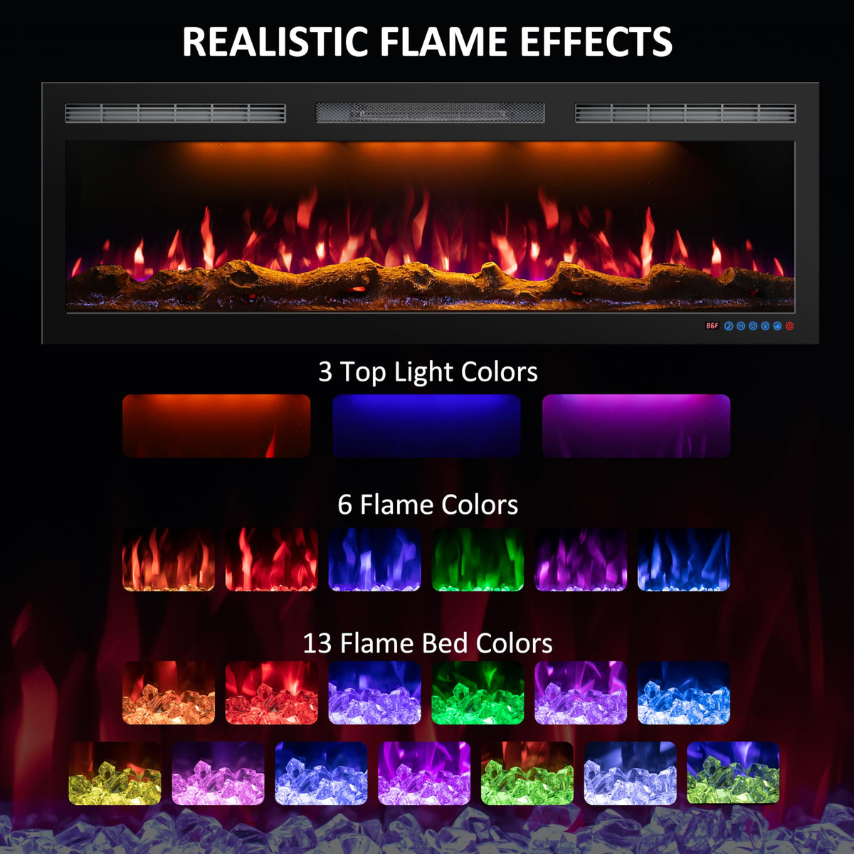 Mystflame 88" WiFi Electric Fireplace Pro, Recessed/Wall Mounted Heater