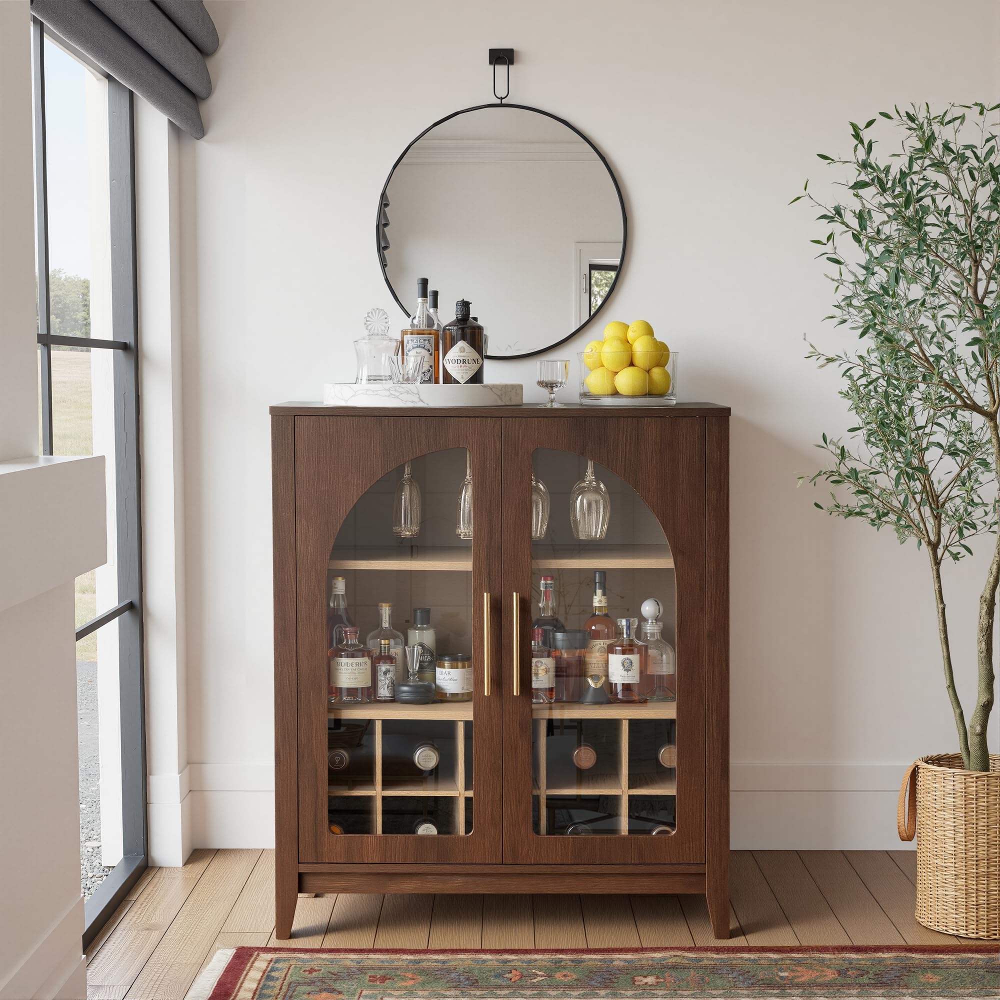 Mid-Century Modern Wine Bar Cabinet with Glass Doors
