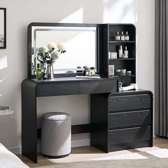 Vanity Desk with Mirror and Lights, 55.83" W, 5 Drawers & Charging Station