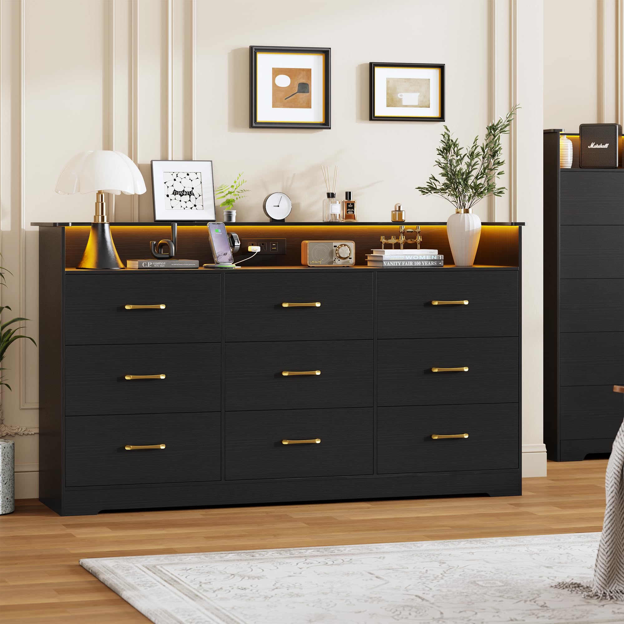 9-Drawer Dresser with LED Light & Charging Station