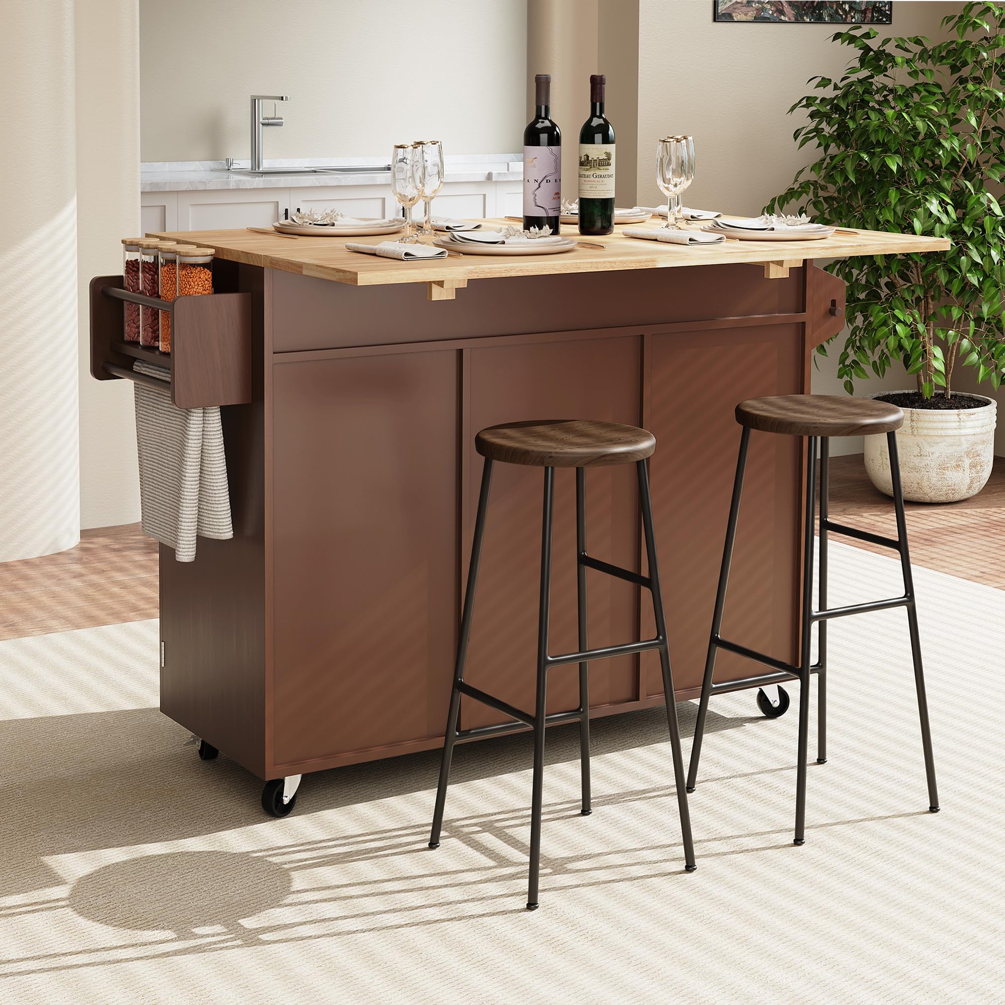 MROJISC Kitchen Island Cart with Storage, Rolling Kitchen Island On Wheels with Solid Wood Drop Leaf Breakfast Bar, Barn Door Island Table for Kitchen with Spice Rack & Towel Rack, Brown