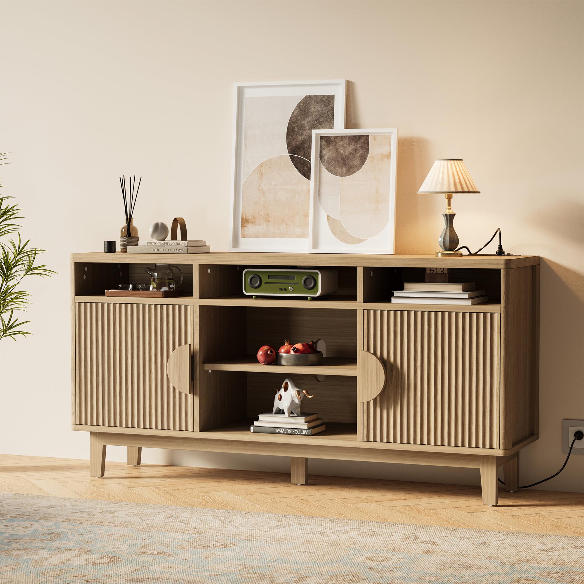 TV Stand for 65" TV with Charging Station & Fluted Doors, 59"