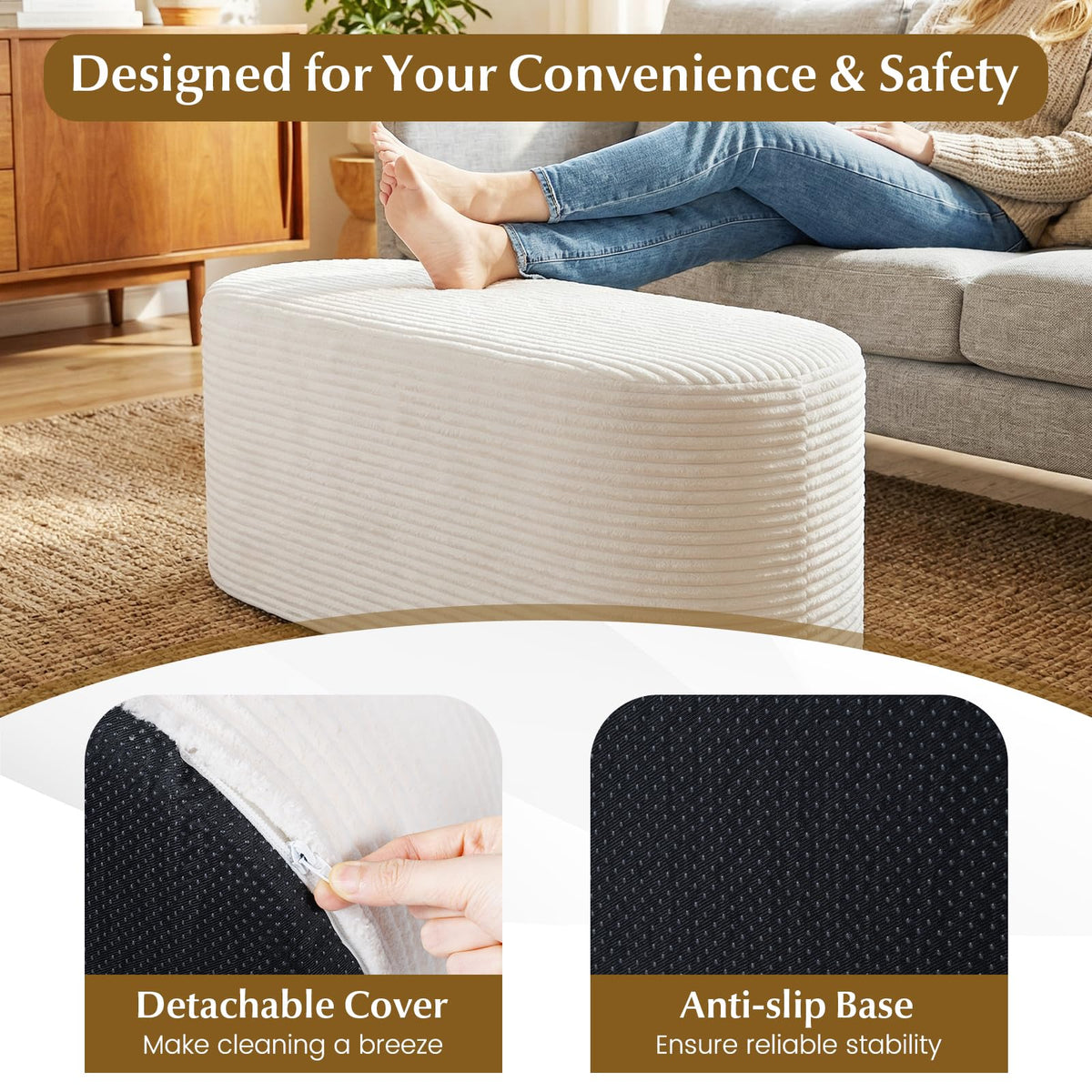 GIANTEX Stuffed Pouf Ottoman Bench, 47" Plush Corduroy End of Bed Bench with High-Density Sponge, Oval Ottoman Foot Rest for Living Room, Entryway, Hallway, Beige