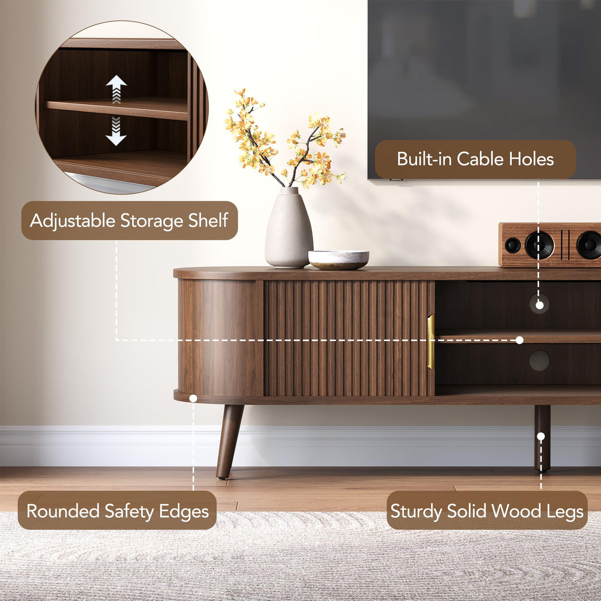 Decofy Mid Century TV Stand for TVs up to 80" with Fluted Sliding Doors, Modern Entertainment Center with Hidden Storage and Adjustable Shelf, Media Console Table for Living Room,Bedroom, Walnut