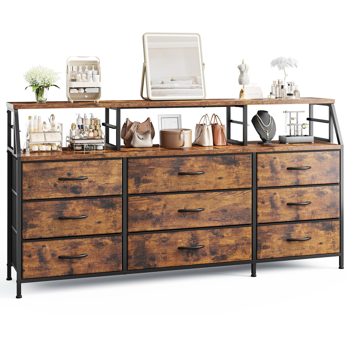 9-Drawer Fabric Dresser with Display Shelf