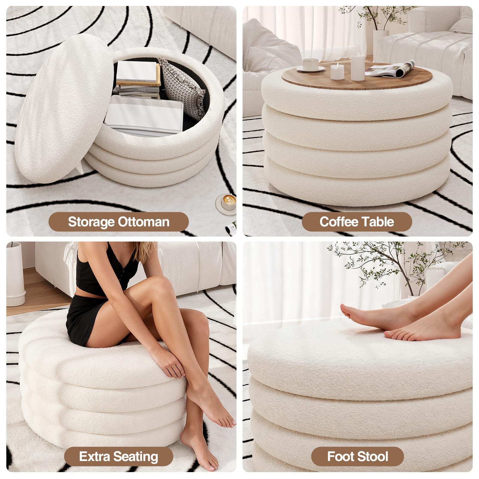 Round Sherpa Storage Ottoman with Tray