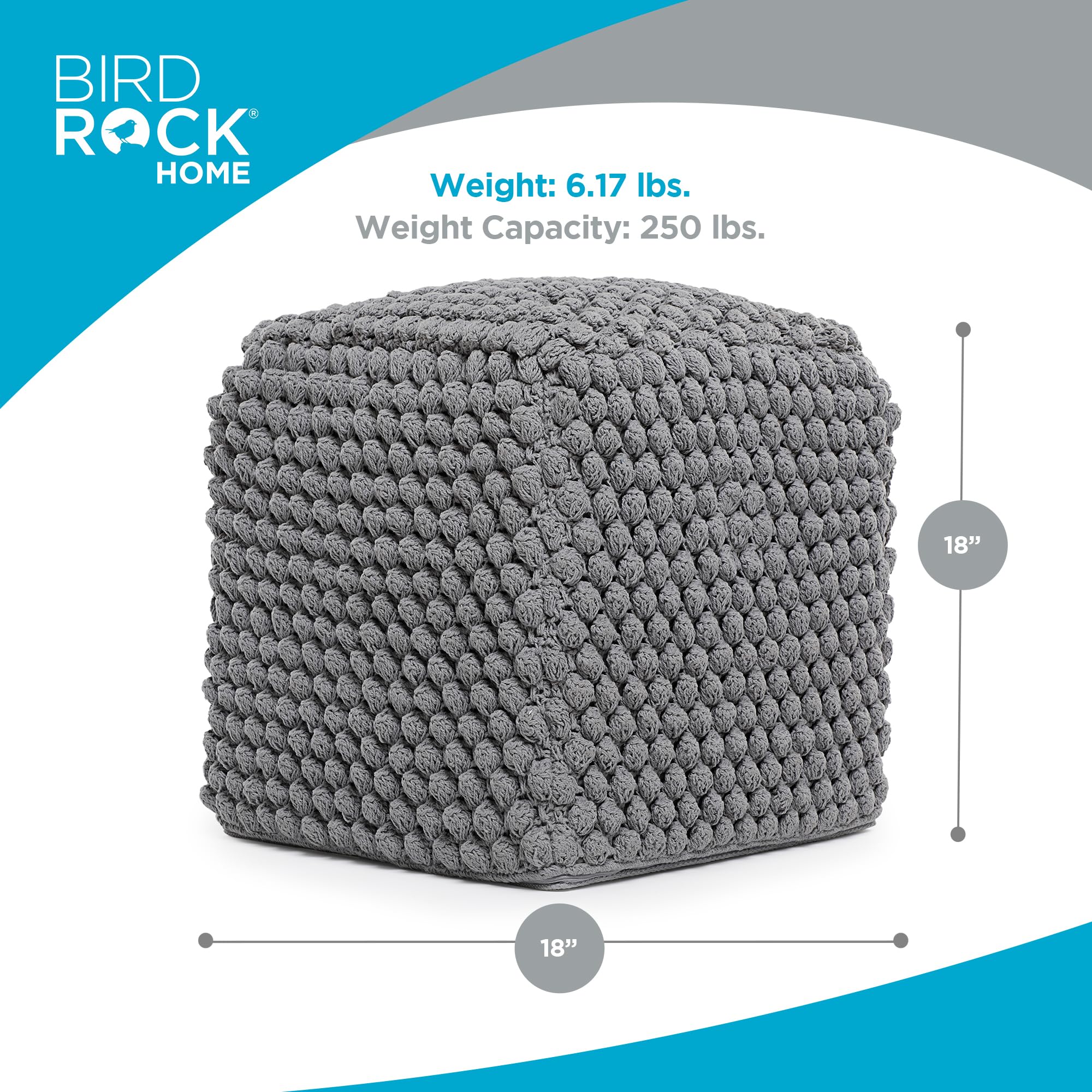 BIRDROCK HOME Square Pouf Ottoman Foot Rest - 18” Compact Comfortable Soft Cotton Knit Bean Bag Floor - Chair Foot Stool Seat for Living Room, Bedroom, Kids Room or Nursery (Grey Bud)