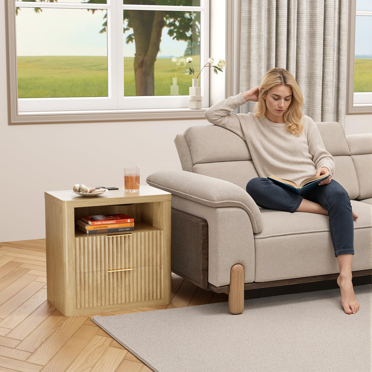 YESHOMY Fluted Nightstands Set of 2 with Charging Station, Natural Wood