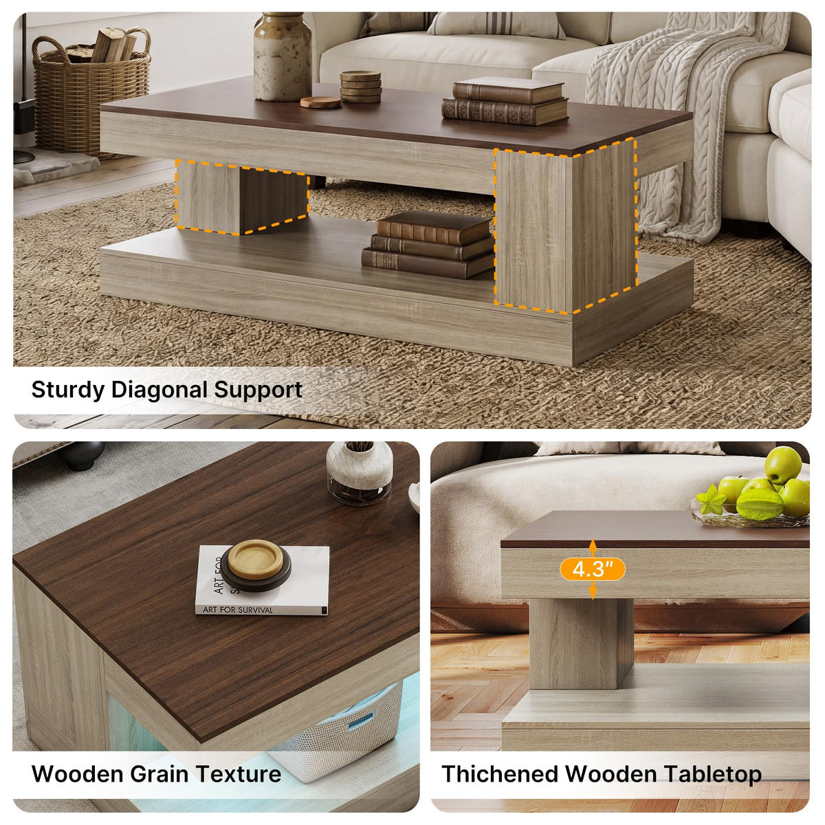 Miereirl Farmhouse Coffee Table with Storage Shelf, 2-Tier Wood Rustic Center Table with LED Light, 47” Rectangular Tea Tables for Living Room, Apartment, Office,Walnut &Light Ash White