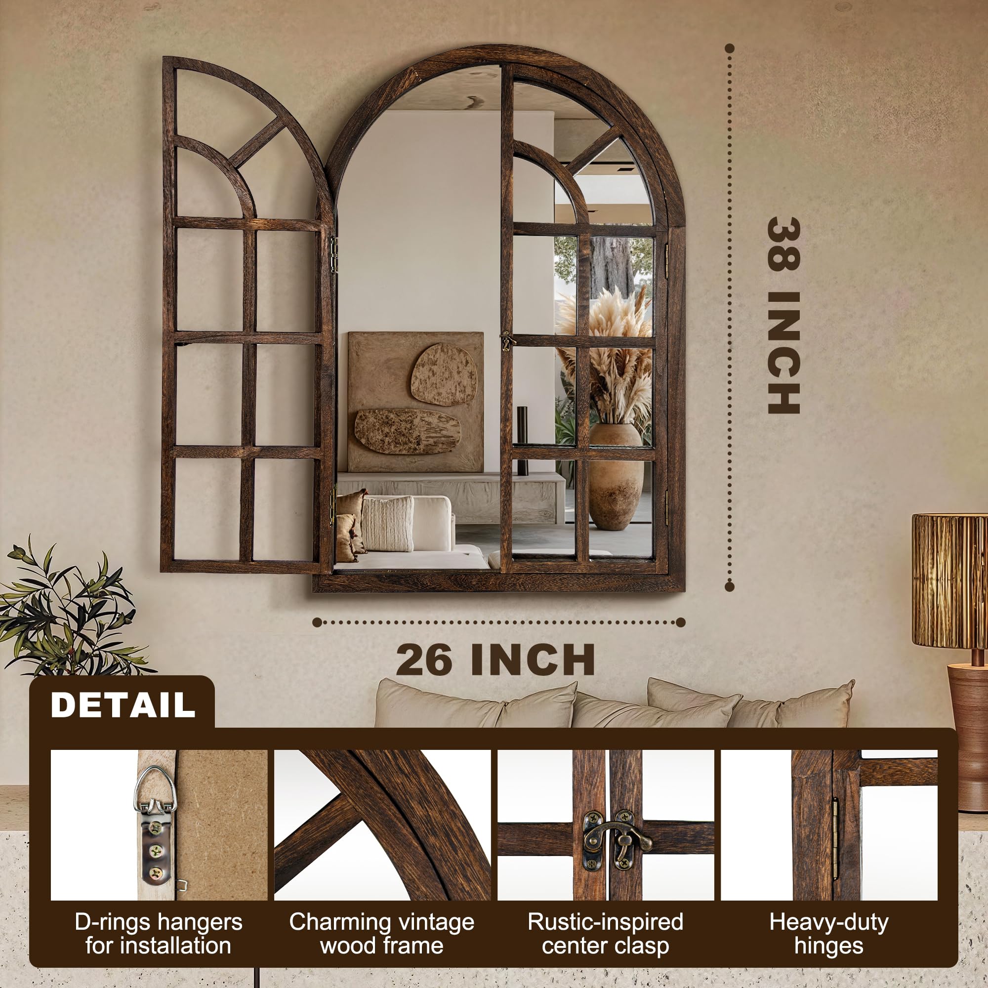 Arched Farmhouse Wall Mirror with Wood Frame