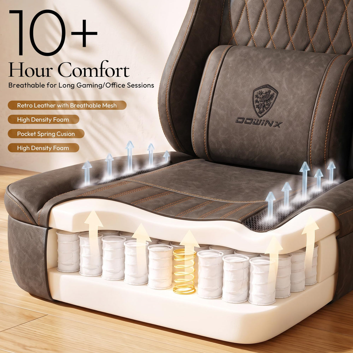 Dowinx Gaming Chair Breathable PU Leather Gamer Chair with Footrest Massage Lumbar Support, Big and Tall Ergonomic Reclining Computer Chair with Pocket Spring Cushion for Adults Teens (Brown)