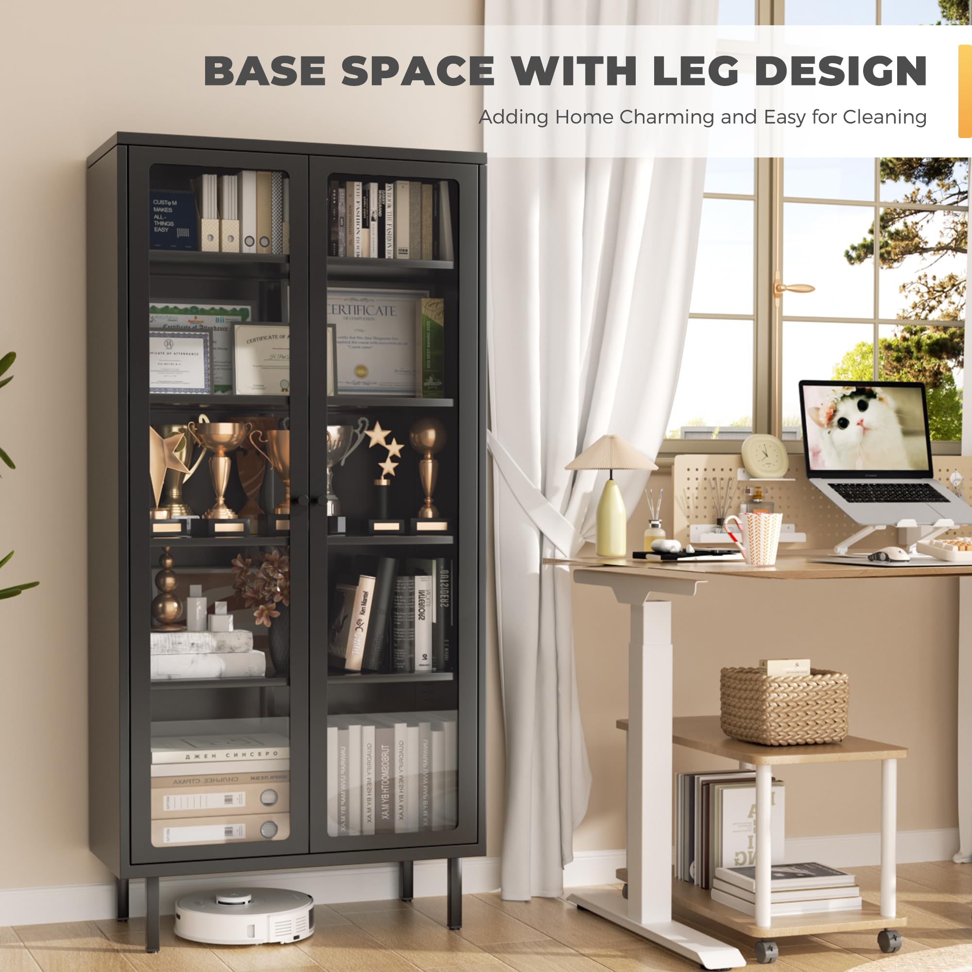 INTERGREAT Glass Display Cabinet, Metal Curio Cabinet with Tempered Glass Doors & Adjustable Shelves, Metal Storage Cabinets for Living Room, School, Plant, Black, Assembly Required