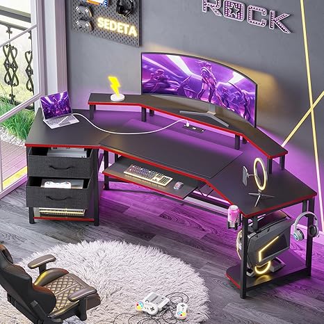 Wing-Shaped Gaming Desk with Drawers, LED Strip & Monitor Shelf