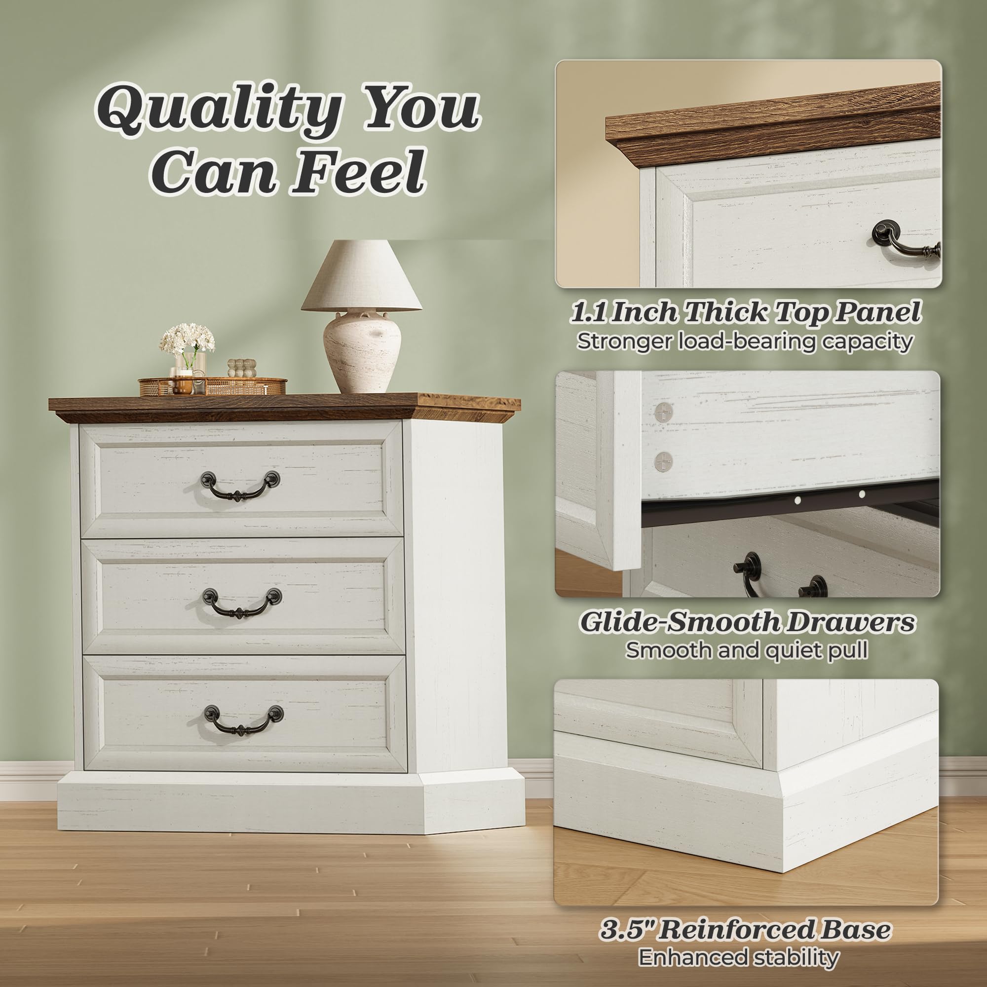 Farmhouse Nightstand with Charging Station & 3 Drawers