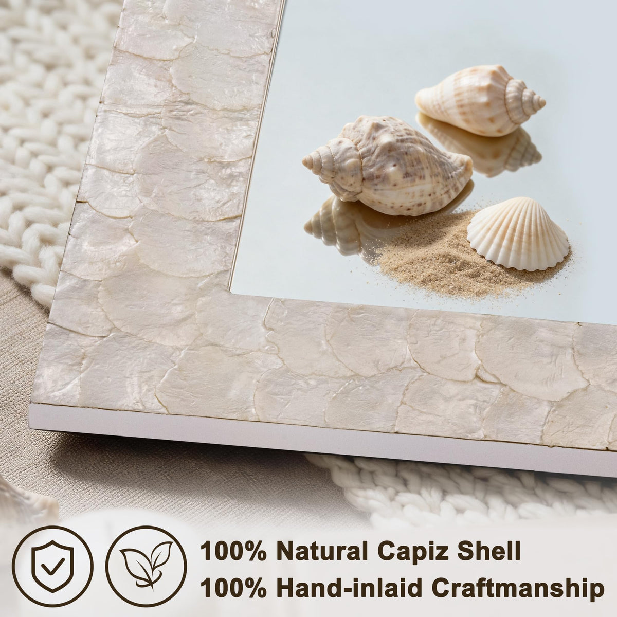 Autdot Coastal Capiz Shell Mirror for Living Room, 47"x32" Rectangular Large Wall Decorative Mirror with Natural Shell Frame and Tempered Glass for Bathroom, Hallway, Dining Room, Horizontal/Vertical