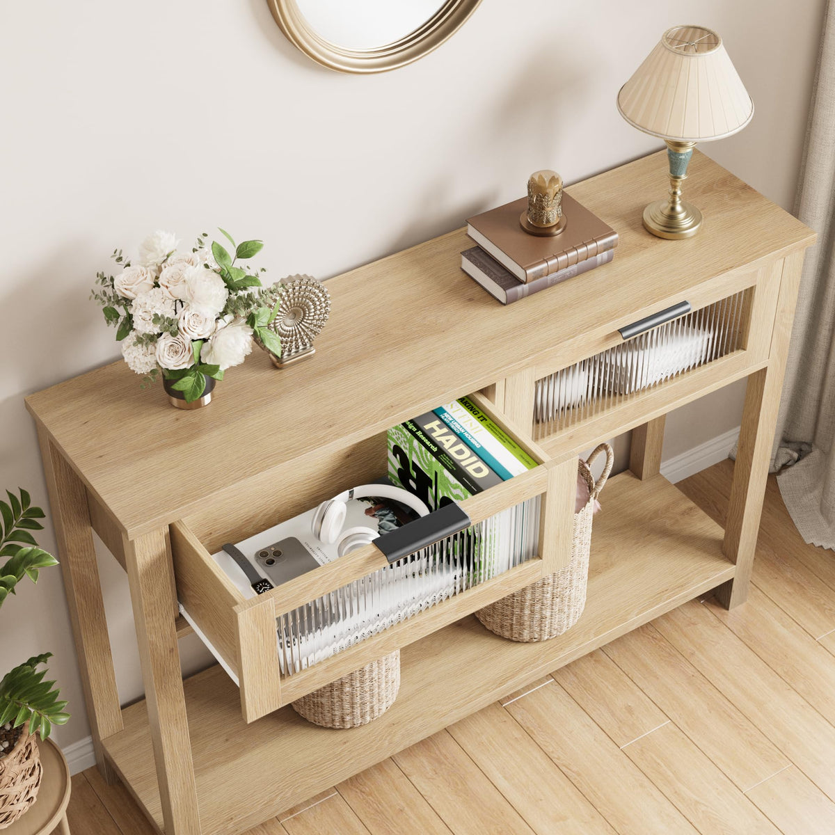 GAOMON Entryway Table, Wood Console Table with 2 Glass Drawers, 2 Tier Sofa Table with Storage for Living Room, Foyer Tables for Entryway-Burlywood