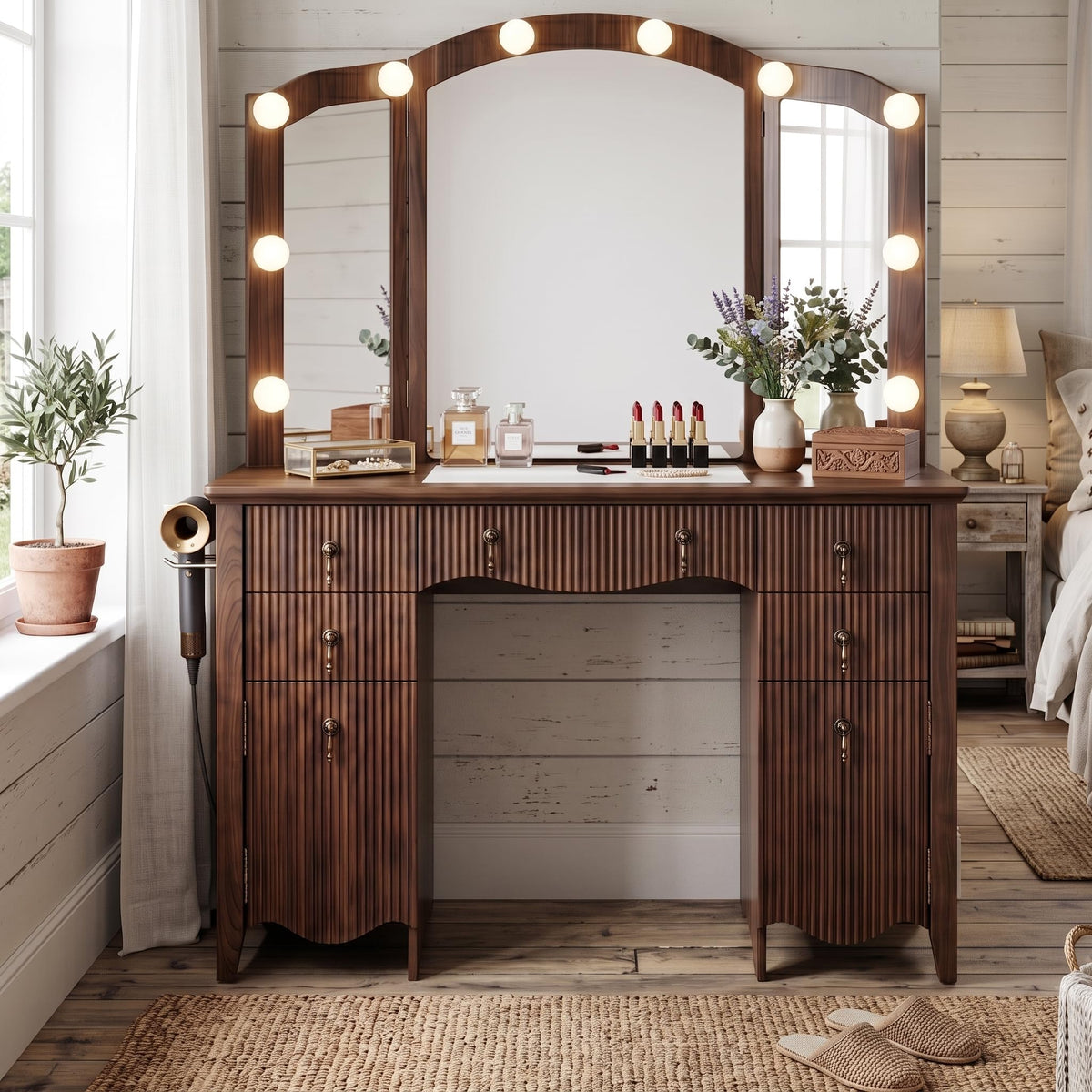 Walnut Vanity Desk with Lighted Mirror