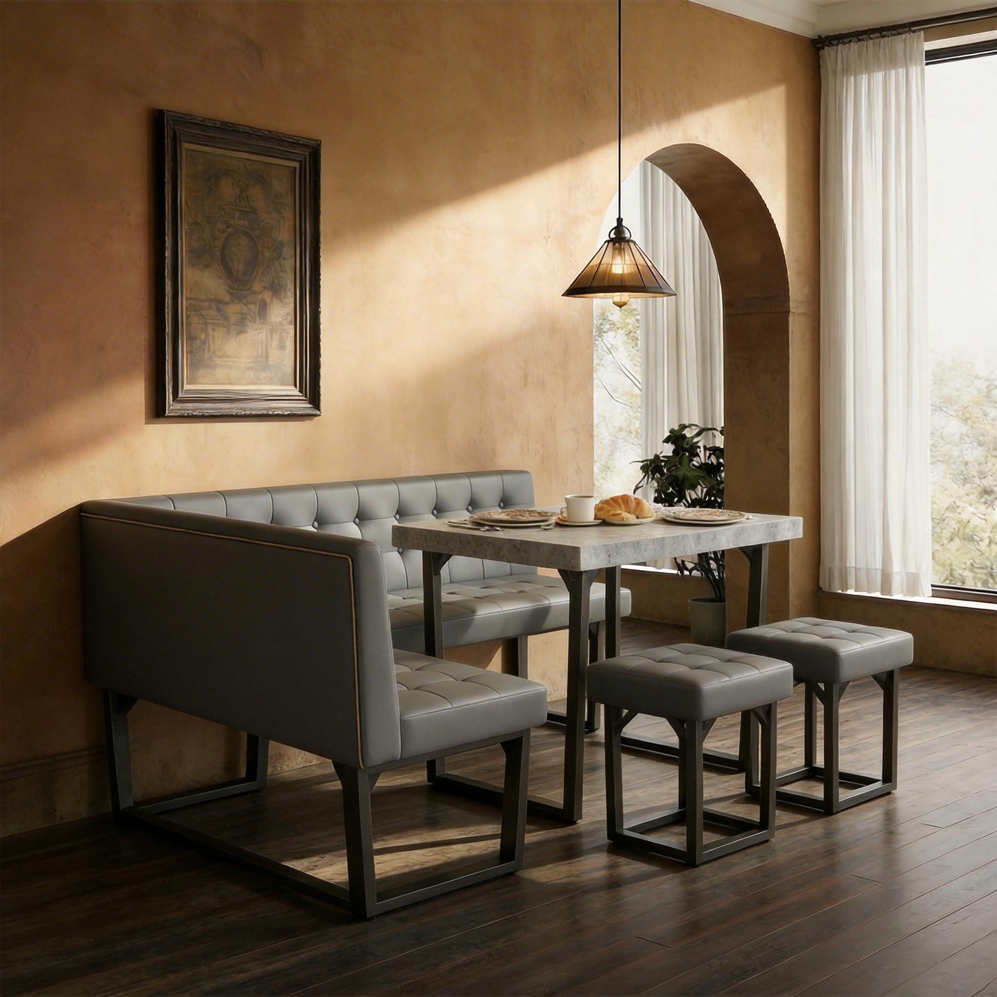 Brafab Corner Dining Table Set, 72 Inch Breakfast Nook Table Set with Upholstered Banquette, 5-Piece Corner Bench Dining Table Set, Luxury Grey