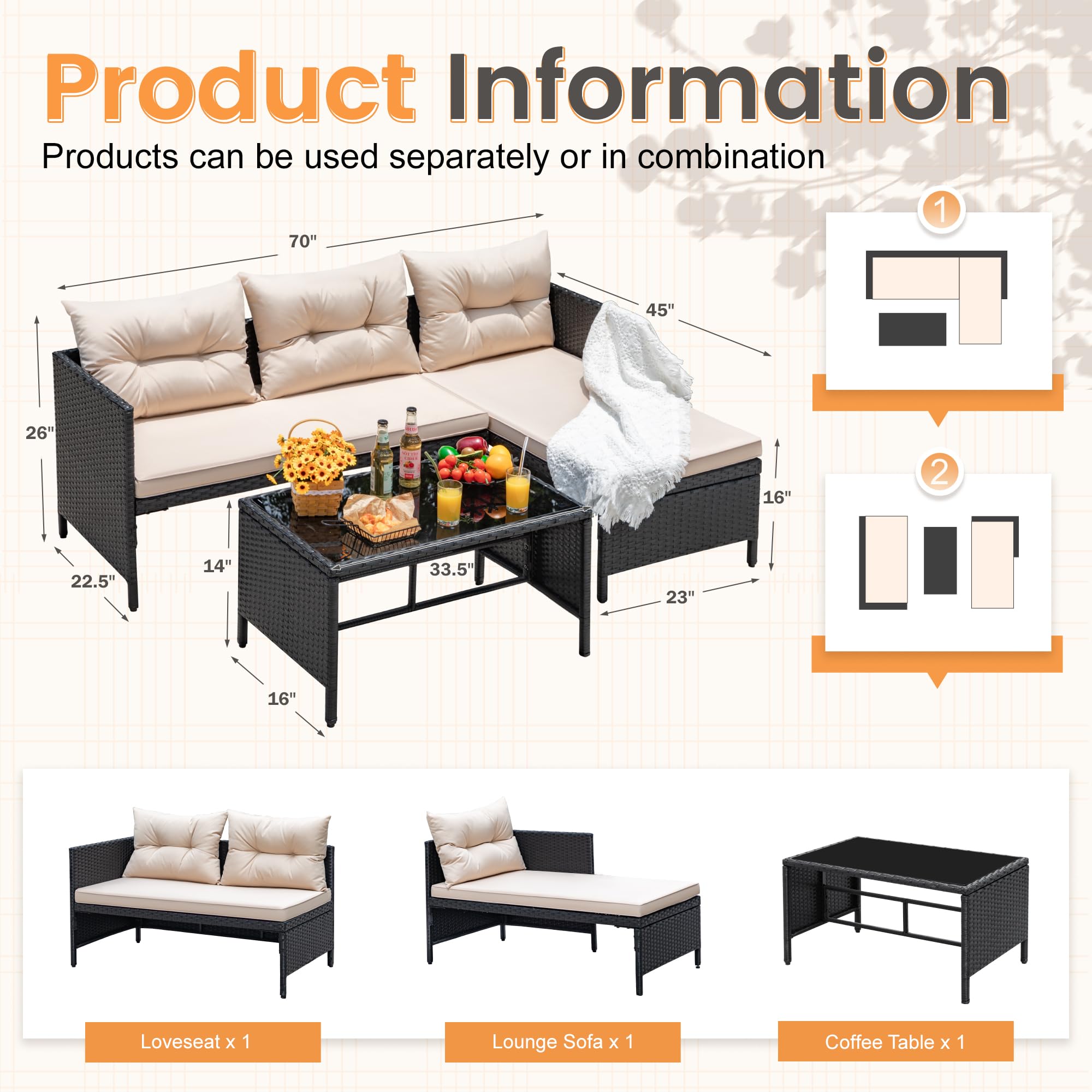 3-Piece L-Shaped Outdoor Sectional Sofa with Glass Table