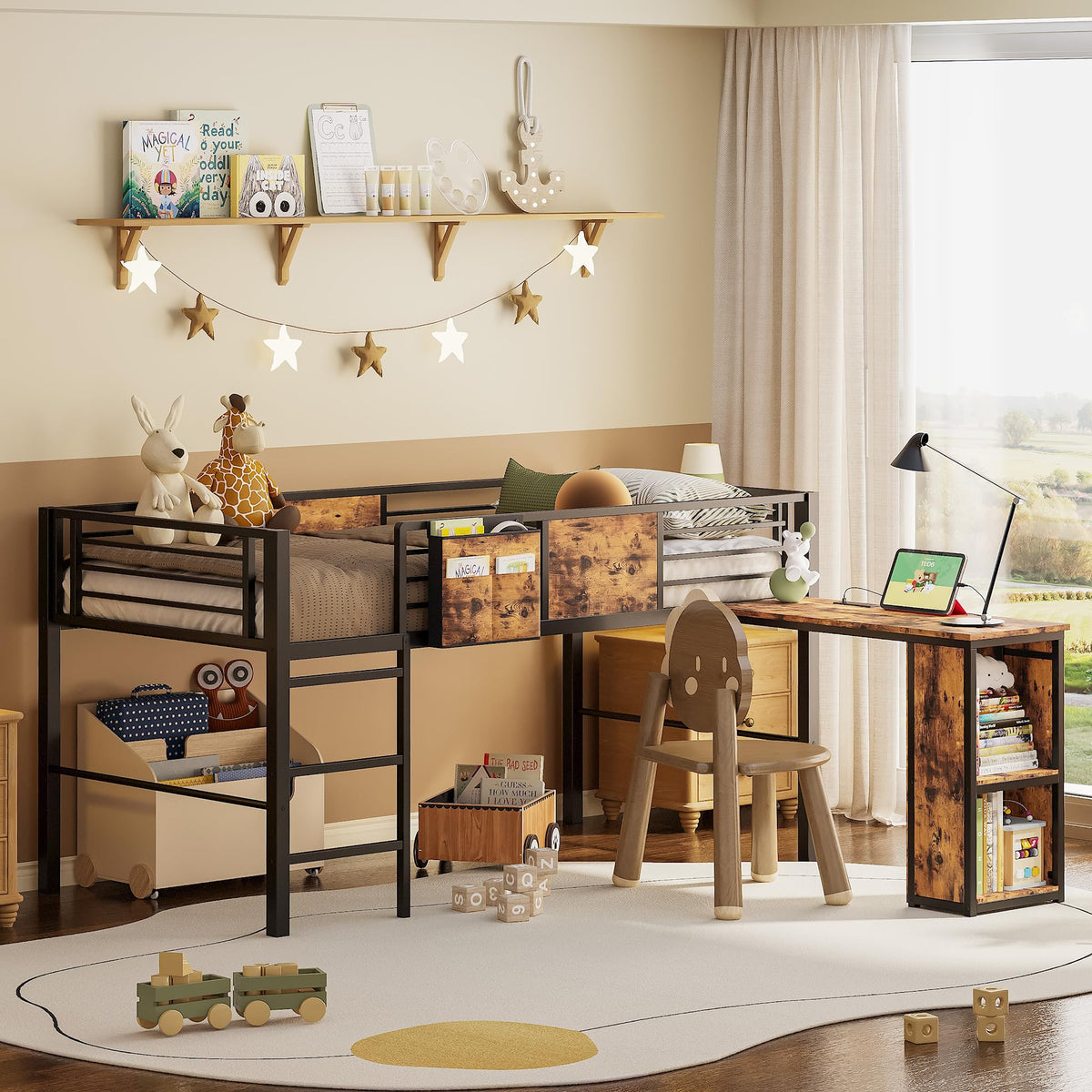 LIKIMIO Low Loft Bed Twin Size with Desk & 25 Heavy-Duty Steel Slats