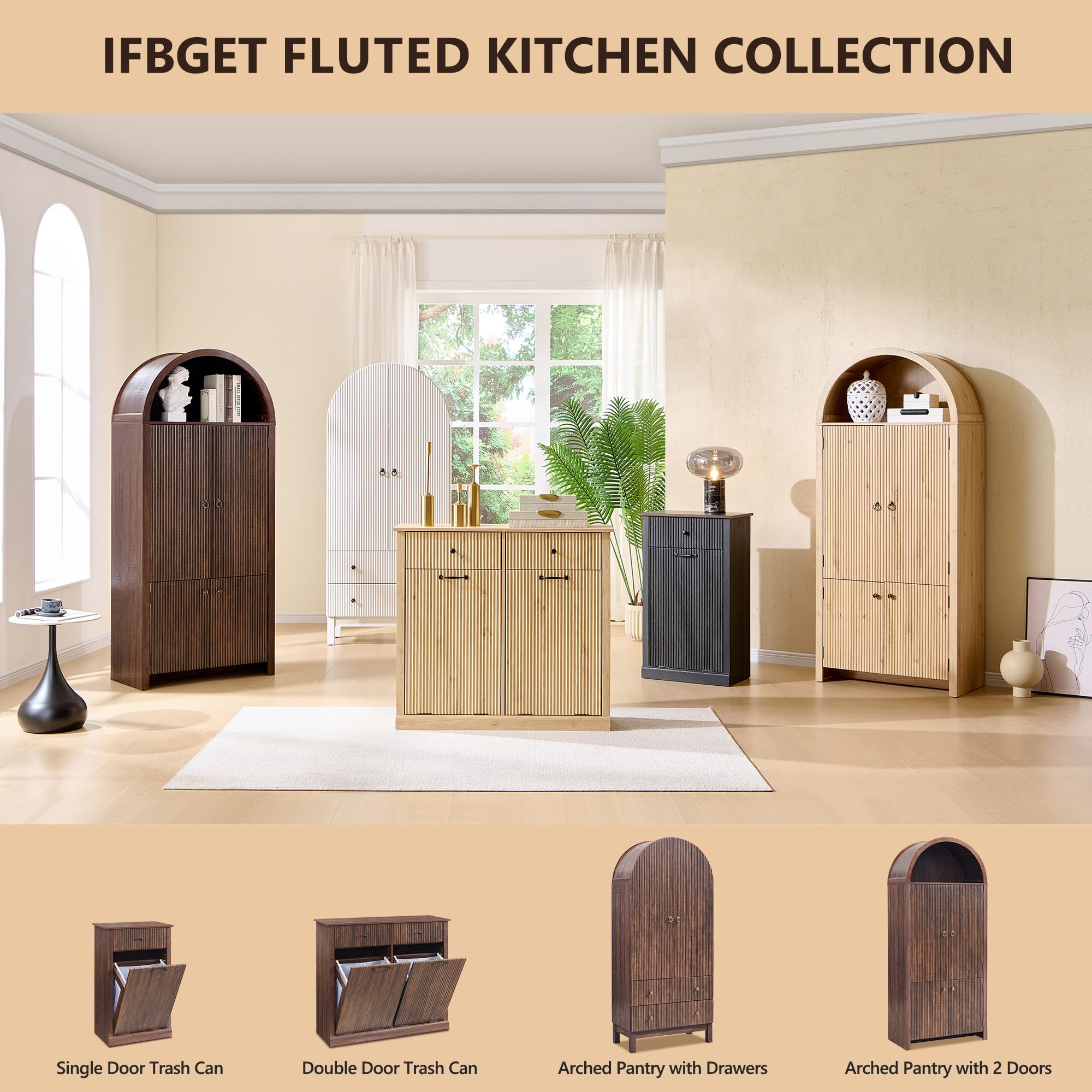 IFGET 71" Tall Arched Pantry Cabinet, Fluted Kitchen Storage Cabinet with Adjustable Shelves and 2 Large Drawers, Freestanding Morden Versatile Cupboard for Living Room, Bathroom, Brown