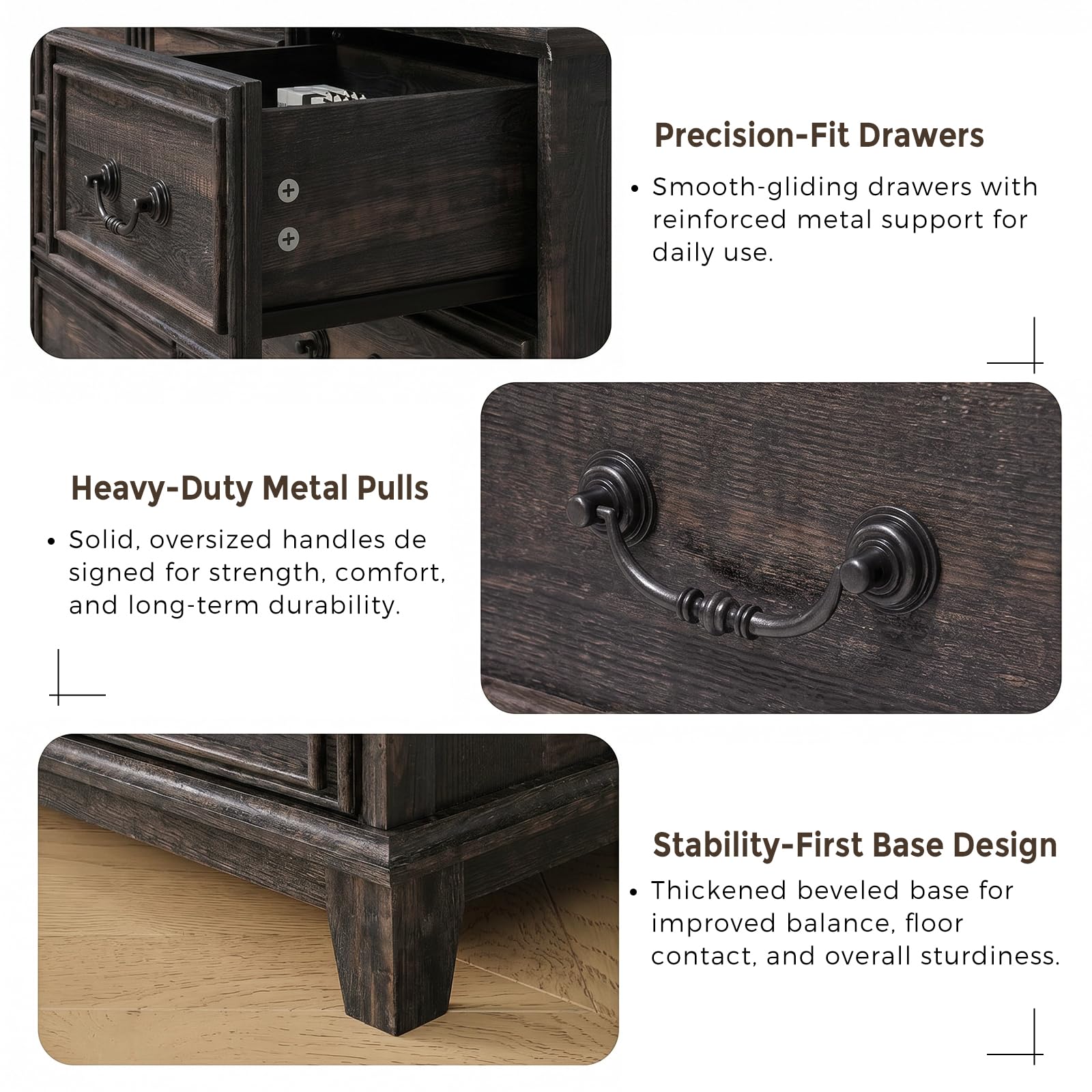 Farmhouse 7 Drawer Dresser in Black, Wide Chest with Rustic Wood Top, Large Storage Organizer for Bedroom, Living Room, Hallway, or Nursery, Sturdy Black Hardware, Modern Rustic Furniture Accent