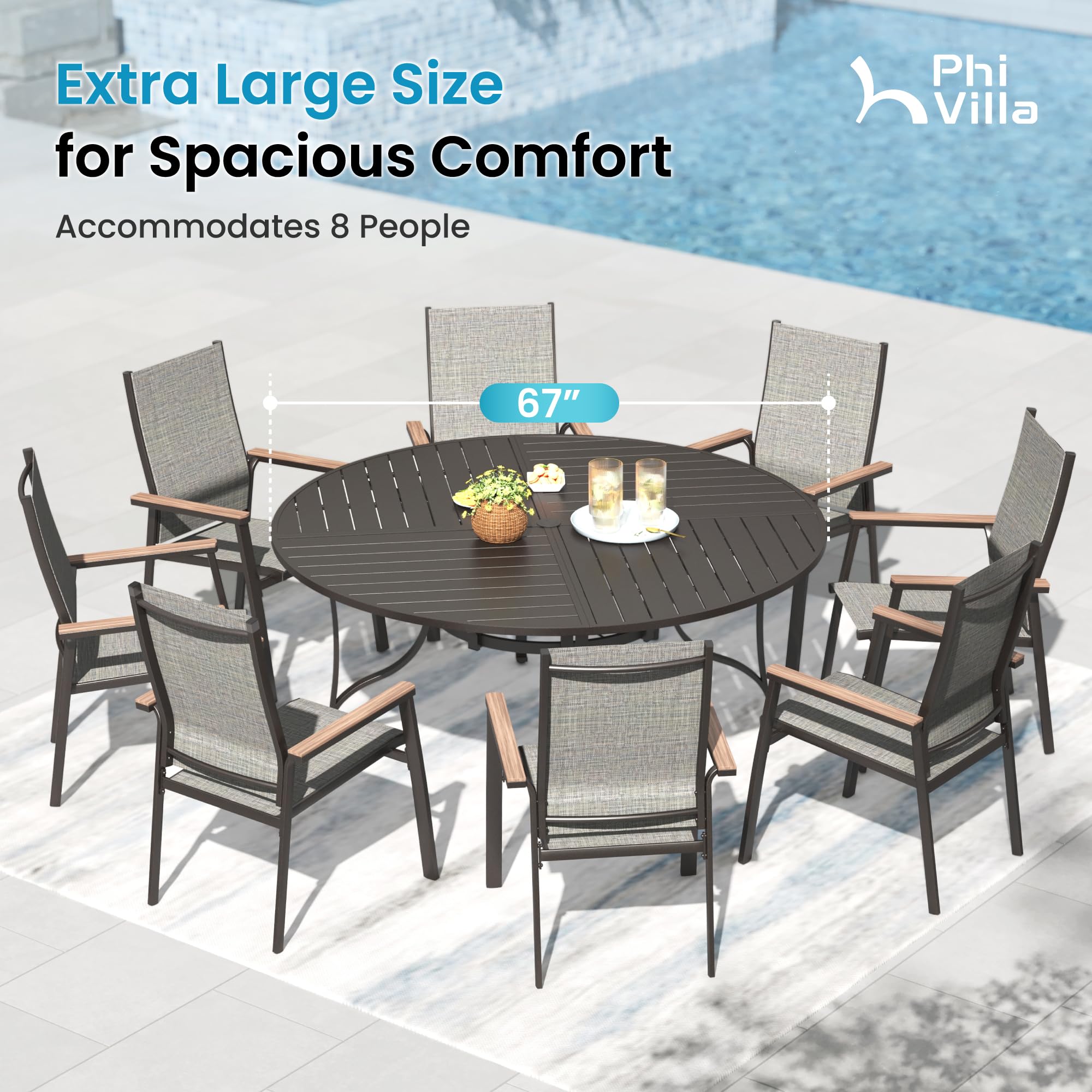 PHI VILLA 67" Outdoor Round Table for 8, Large Metal Wrought Iron Patio Dining Table with Umbrella Hole, All Weather Furniture for Outside Deck, Yard, Porch - Black