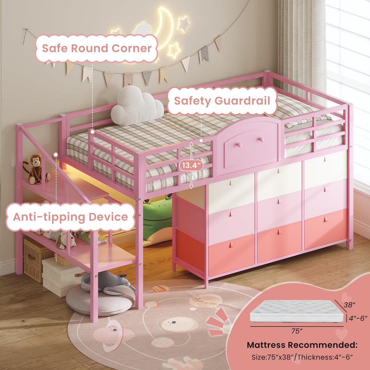 Twin Low Loft Bed with Storage Stairs