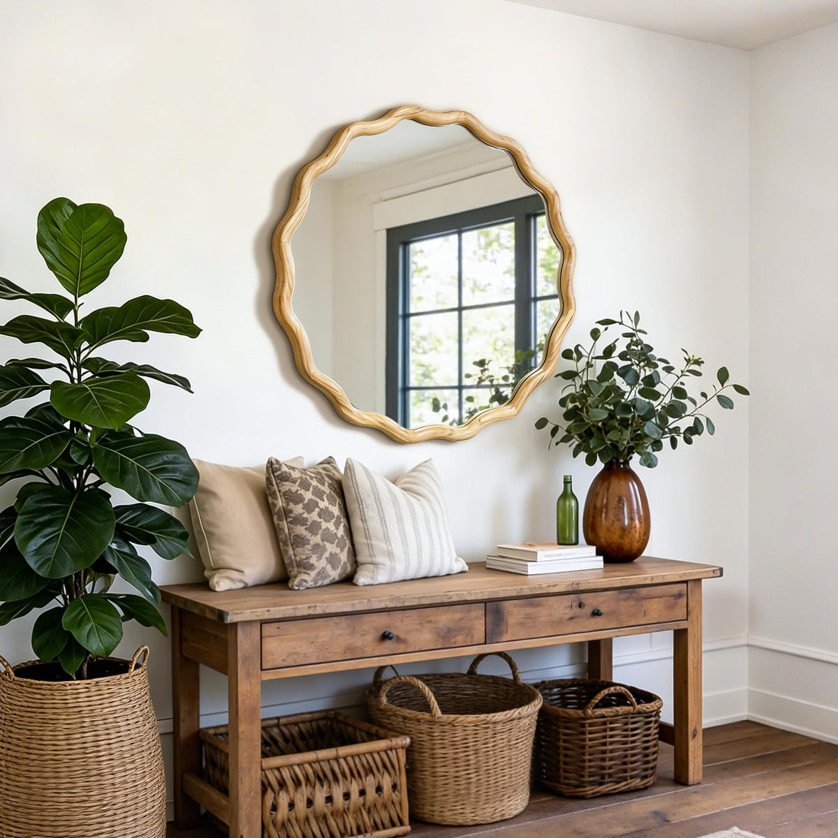 Round Wavy Wood Wall Mirror