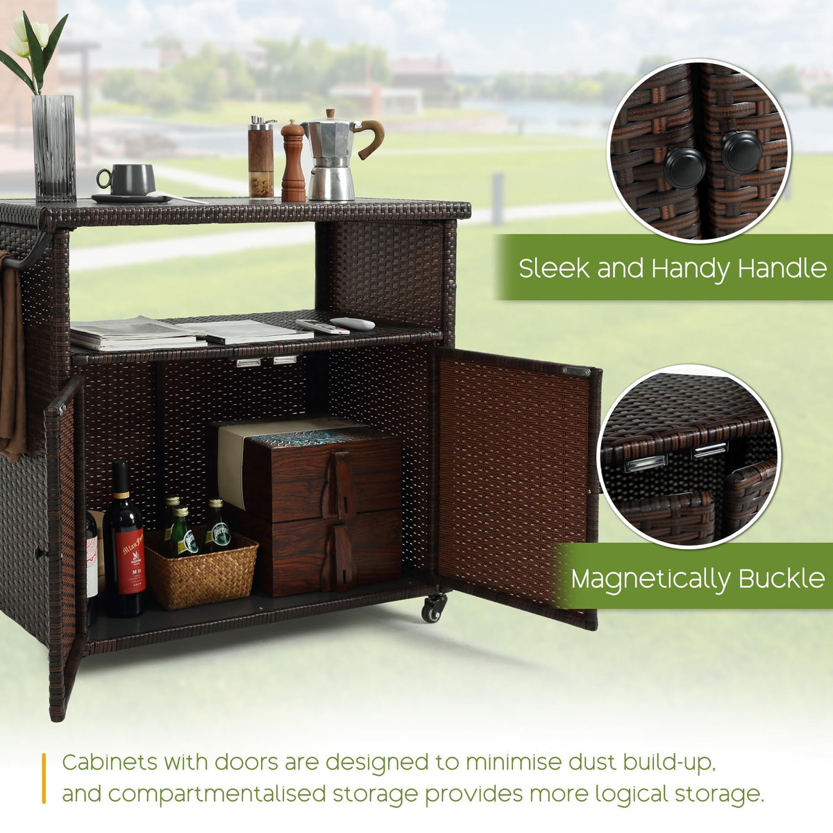 Villeston Wicker Outdoor Bar Cart - Brown Patio Console Table Wagon