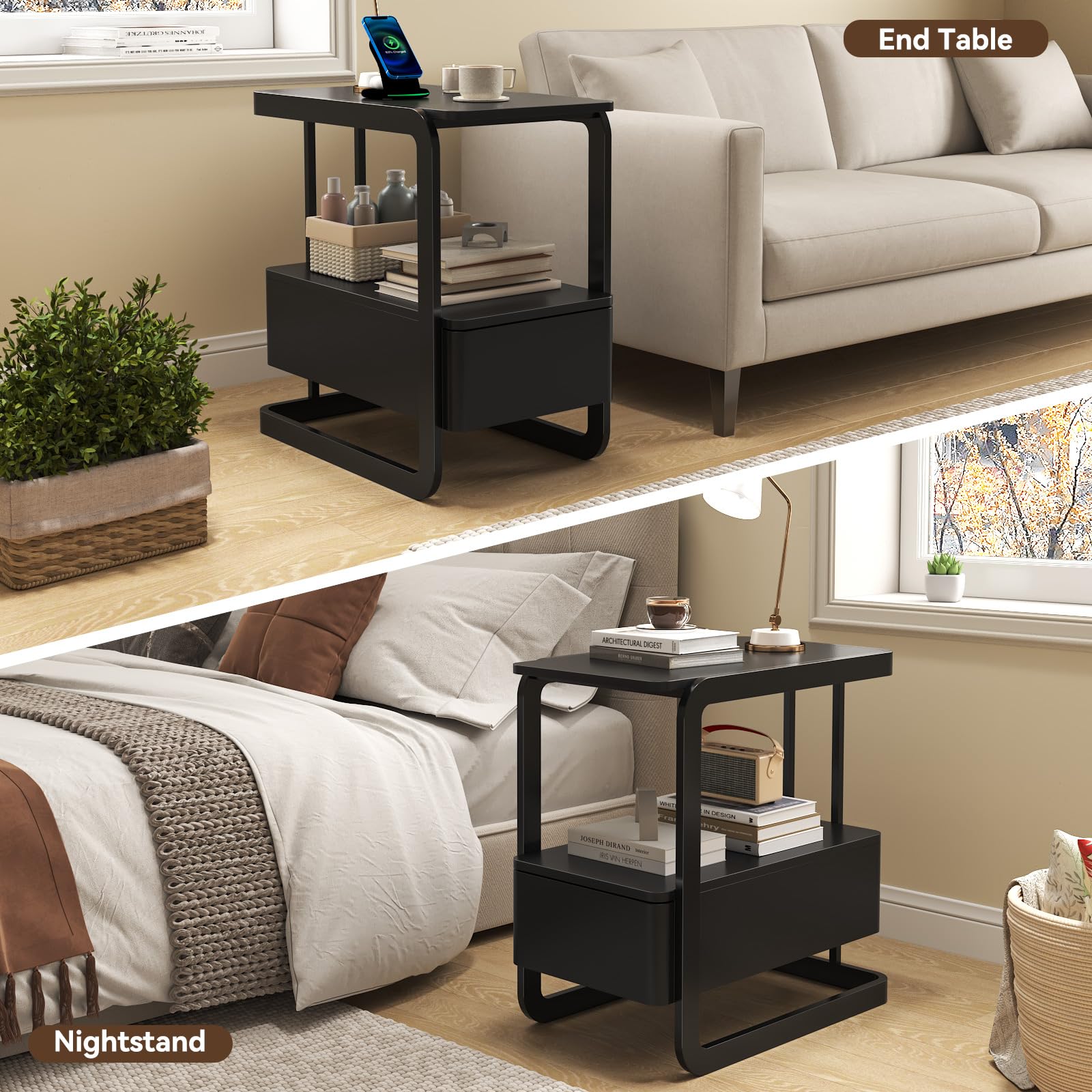 Narrow Side Table with Drawer & Open Shelf
