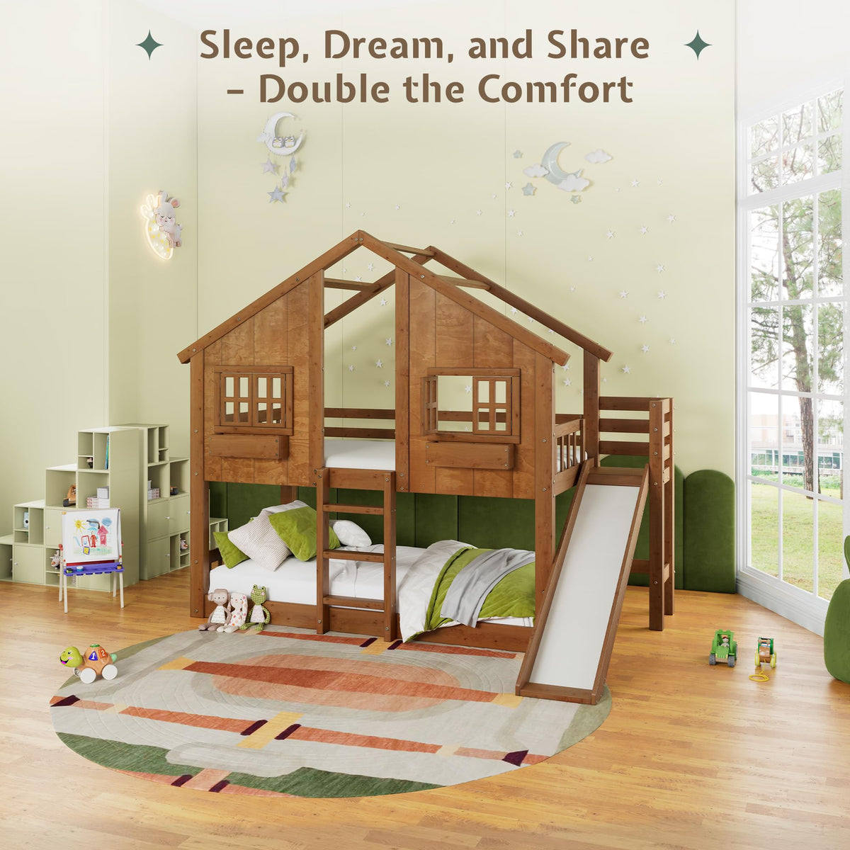 Jocisland Twin Over Twin Bunk Bed with Slide and Ladder, Solid Wood, Oak