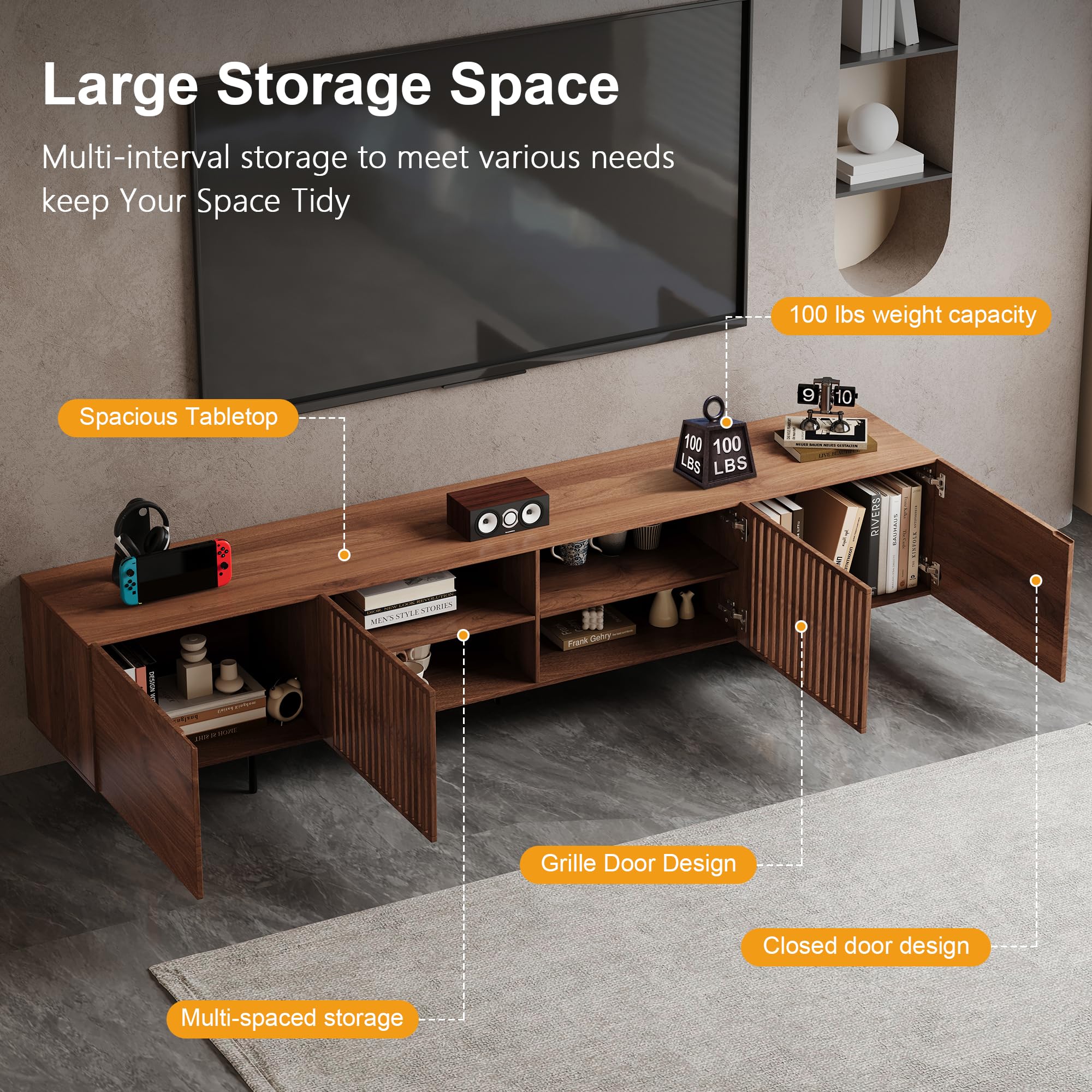 Pajiasen 94.48″ Mid Century Modern Walnut TV Stand with Grille Doors, Storage Cabinets,Entertainment Center for TVs Up to 80",Media Console for Living Room or Bedroom