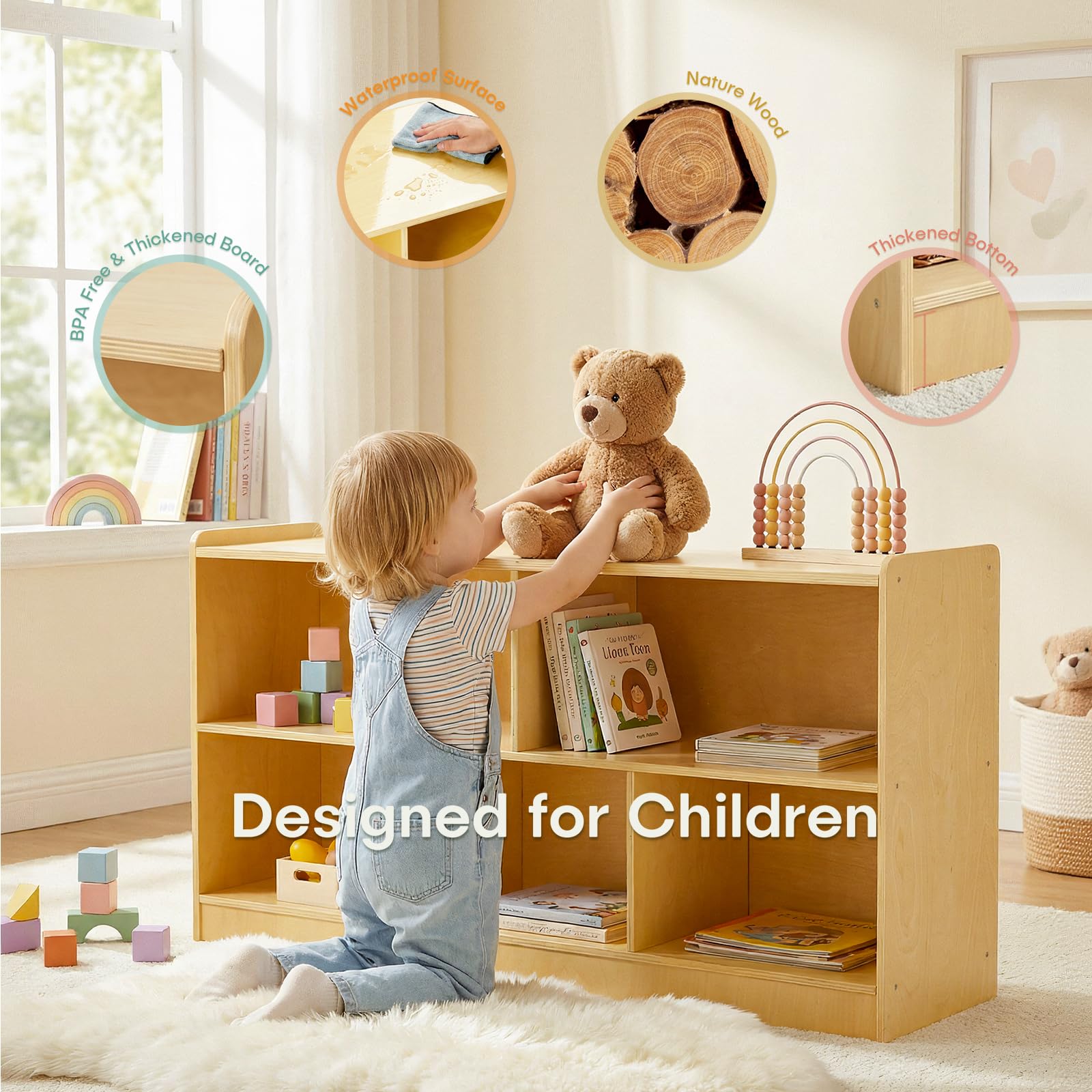 Montessori Shelf, Wooden Toy Storage Organizer with 2-Tier Shelf & 5-Section Storage Cabinet, Kids Bookshelf/Bookcase for Toddler Playroom, Nursery, Classroom(Natural)