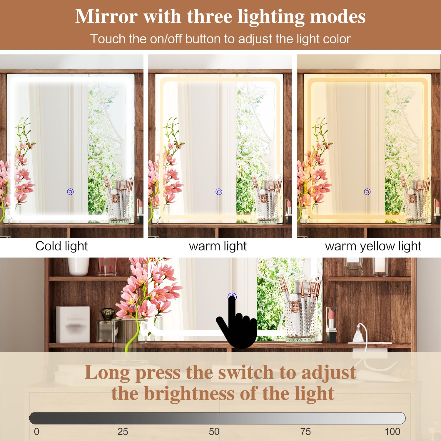 Ieejdn Makeup Vanity Desk with Mirror and Lights, Vanity Desk with 8 Drawers & Storage Shelves, Vanity Table with Power Outlet, 3 Color Modes & Adjustable Brightness Dressing Table, Bedroom,Brown