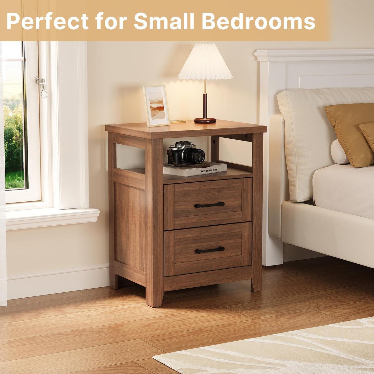 Decofy Farmhouse 2-Drawer Nightstand Set of 2 with Charging Station, Walnut