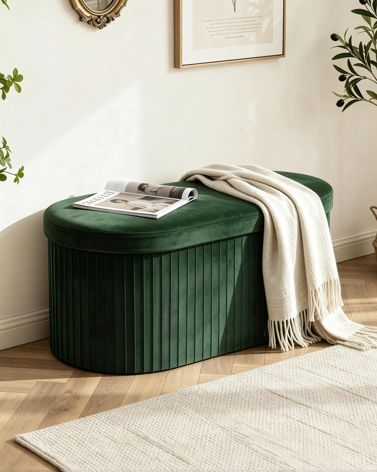 GLAXYFUR Folding Ottoman with Storage, Oval Velvet Storage Bench, Green