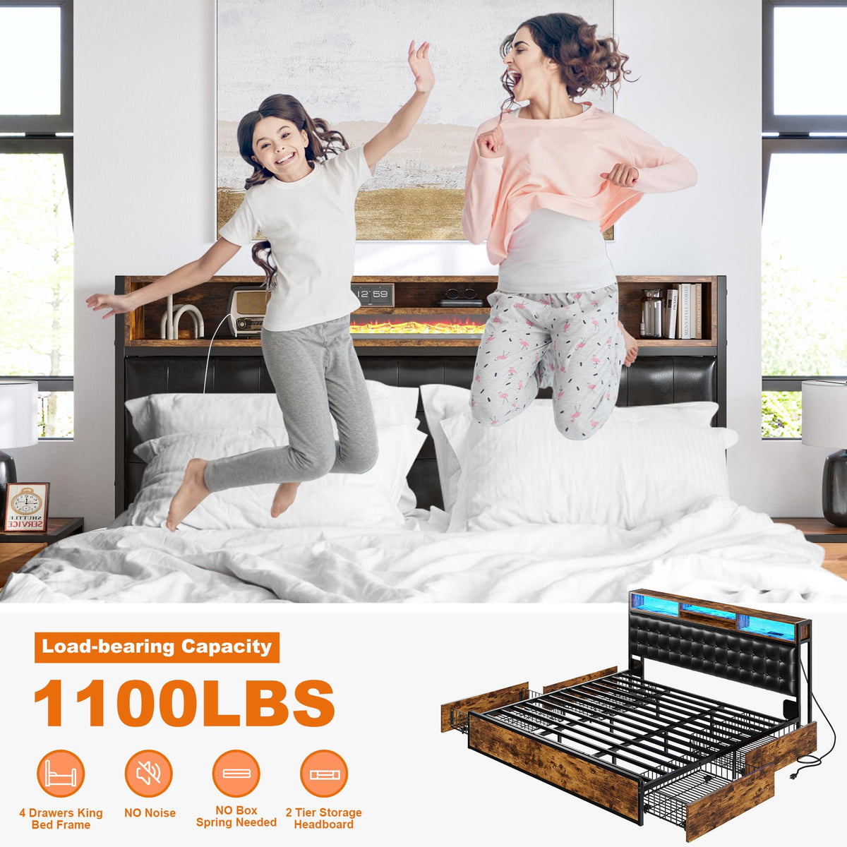 EnHomee King Bed Frame with 4 Drawers, Charge Station & LED Lights