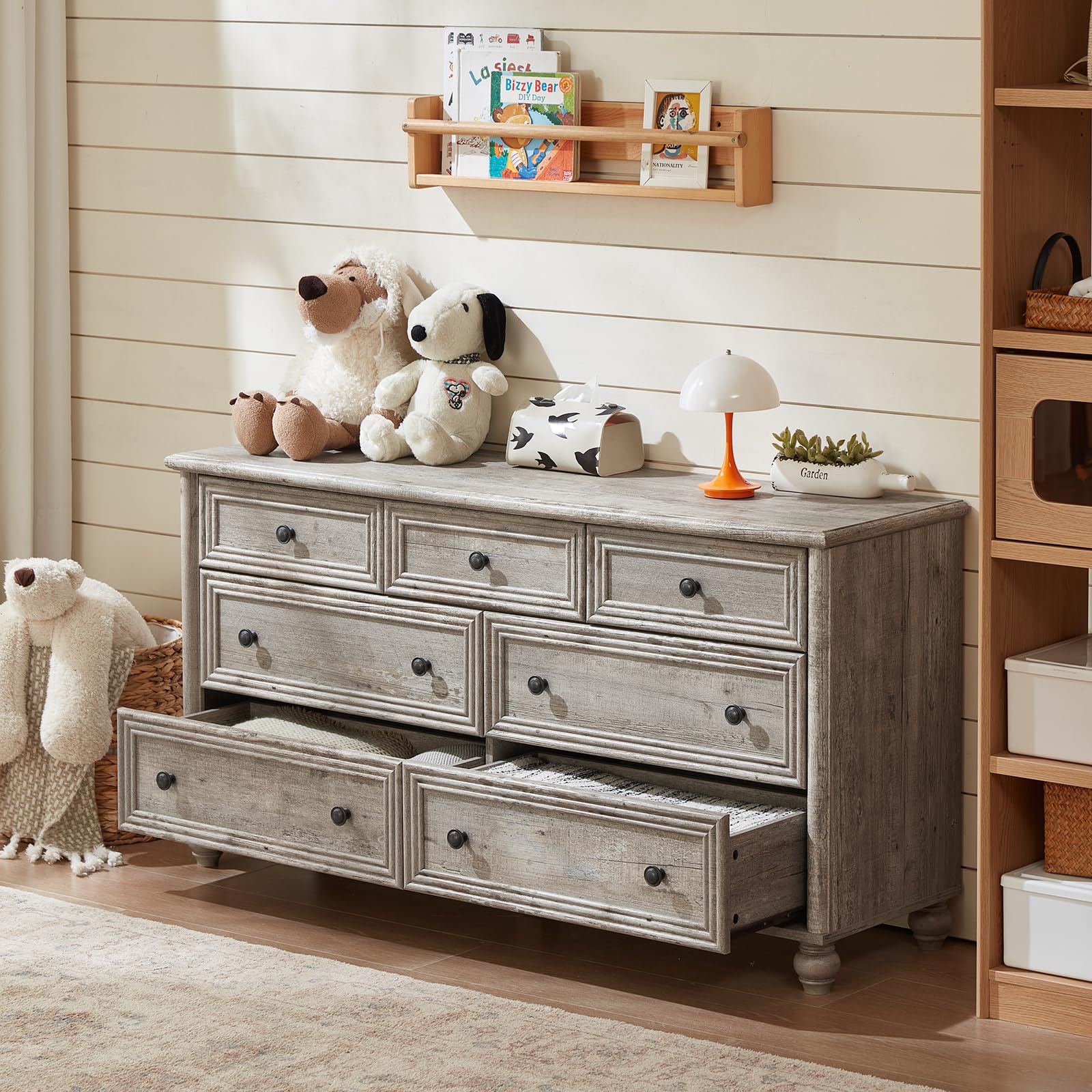 RWYHG Farmhouse Dresser and Nightstand Sets 4 Piece, Wooden 7 Drawers Dresser & 43.5" Tall Chest of Drawers, 18" Roman Column Nightstand Set of 2, Furniture Dressers for Bedroom, Living Room