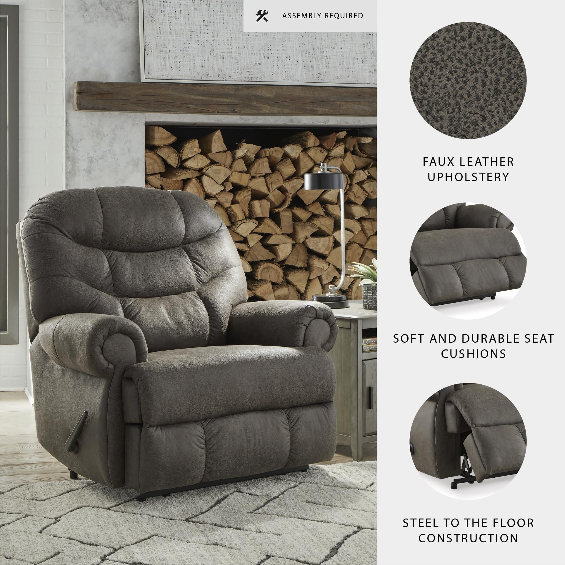 Signature Design by Ashley Camera Time Classic Tufted Faux Leather Zero Wall Recliner, Gray