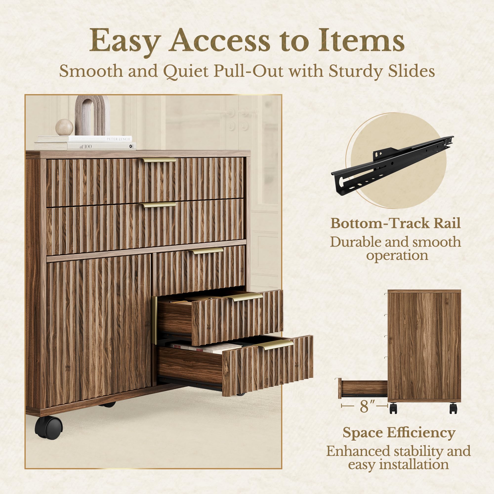 Fluted Mobile File Cabinet with 5 Drawers