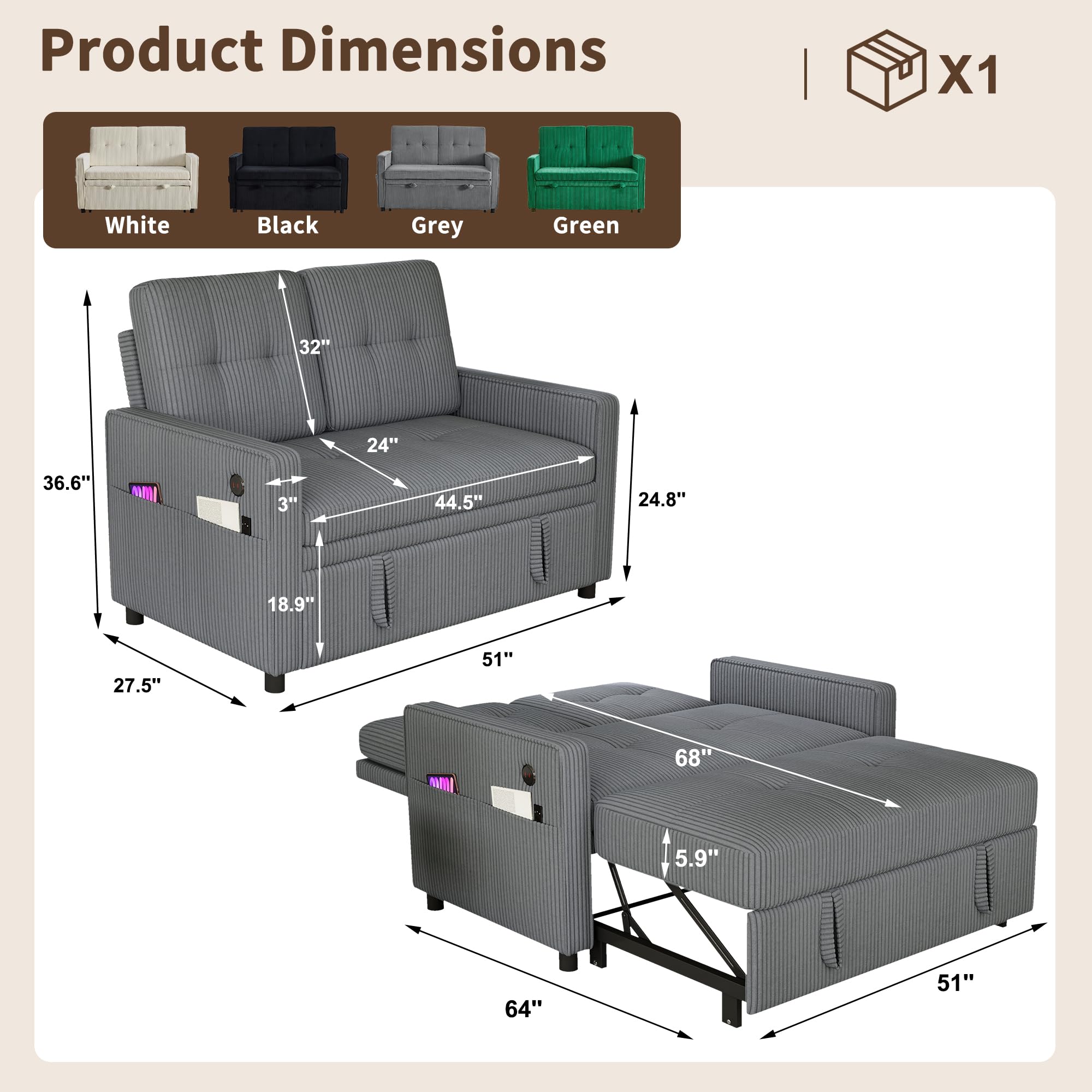 Convertible Sleeper Loveseat Sofa with Adjustable Backrest