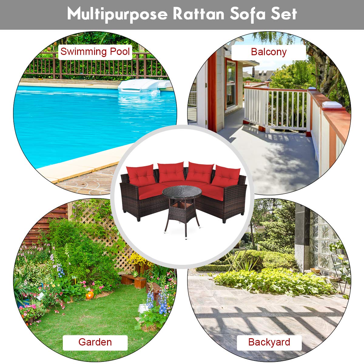 Tangkula 4-Piece C Shape Patio Furniture Set, Outdoor Corner Wicker Rattan Sectional Cushioned Sofa Set, with Glass Coffee Table, for Garden Poolside Balcony (Red)