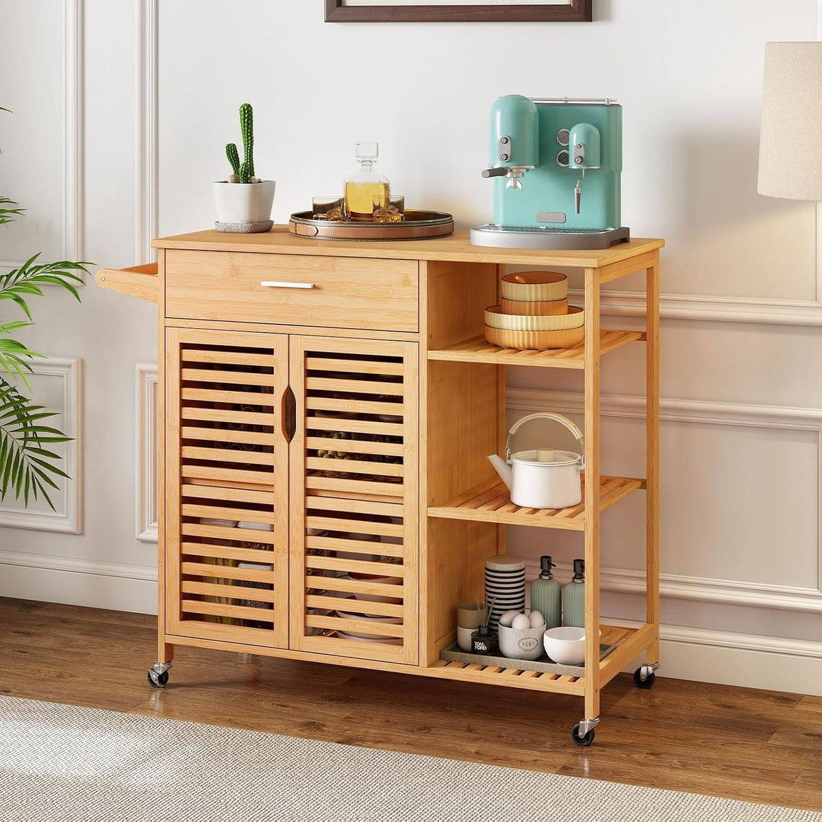 GLACER Bamboo Kitchen Island Cart with Storage, Rolling Kitchen Cart