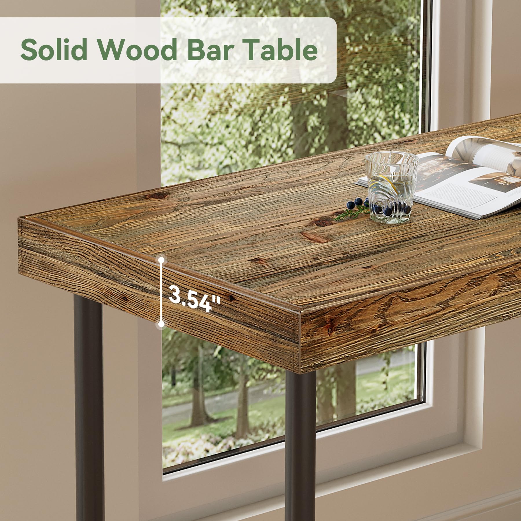 TRIBEWOOD 70.9-Inch Long Solid Wood Bar Table for 6-8 People, Industrial Narrow Counter Height Pub Table with Metal Footrest, Rectangular High Top Bar Unit for Kitchen Dining, Rustic Brown(Table Only)