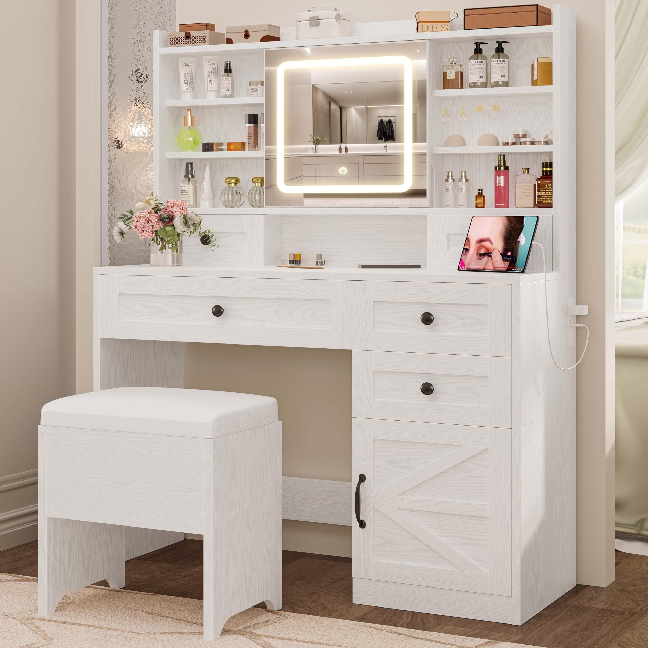 IRONCK Vanity Desk with LED Lighted Mirror, Large Storage Makeup Vanity Table with 5 Drawers, Cabinet, 7 Open Shelves, Power Outlet, Storage Stool, Bedroom, White