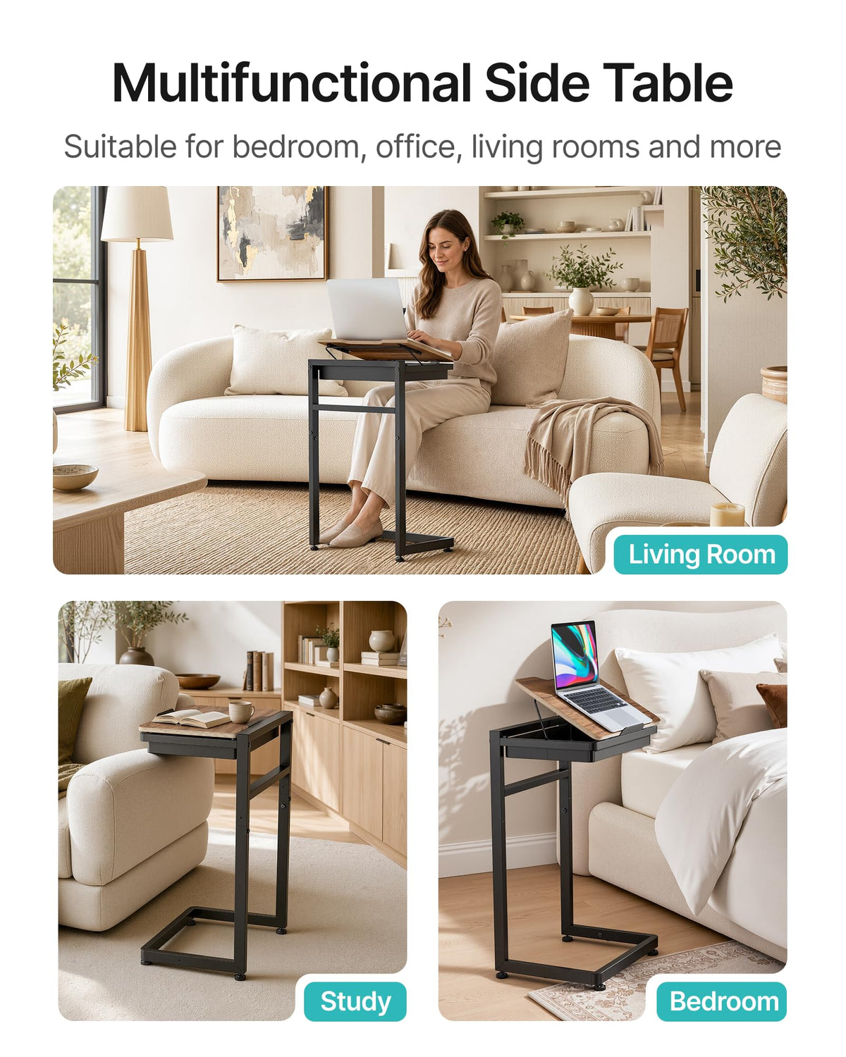 PEGZONE TV Tray Table, C-Shaped Couch Table with Storage, 4-Level Tilt-Top