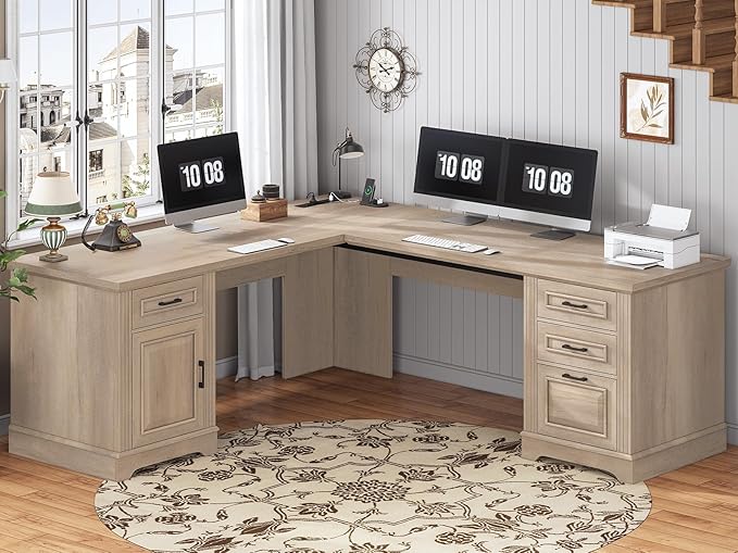 L-Shaped Executive Desk with Drawers & Power Outlet